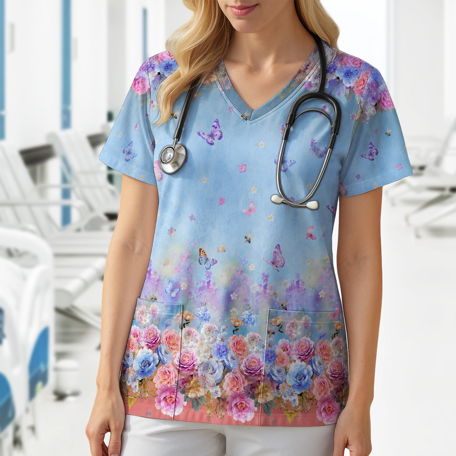 Pastel Flower Garden Print Scrub Top, Comfortable Scrubs for Nurses