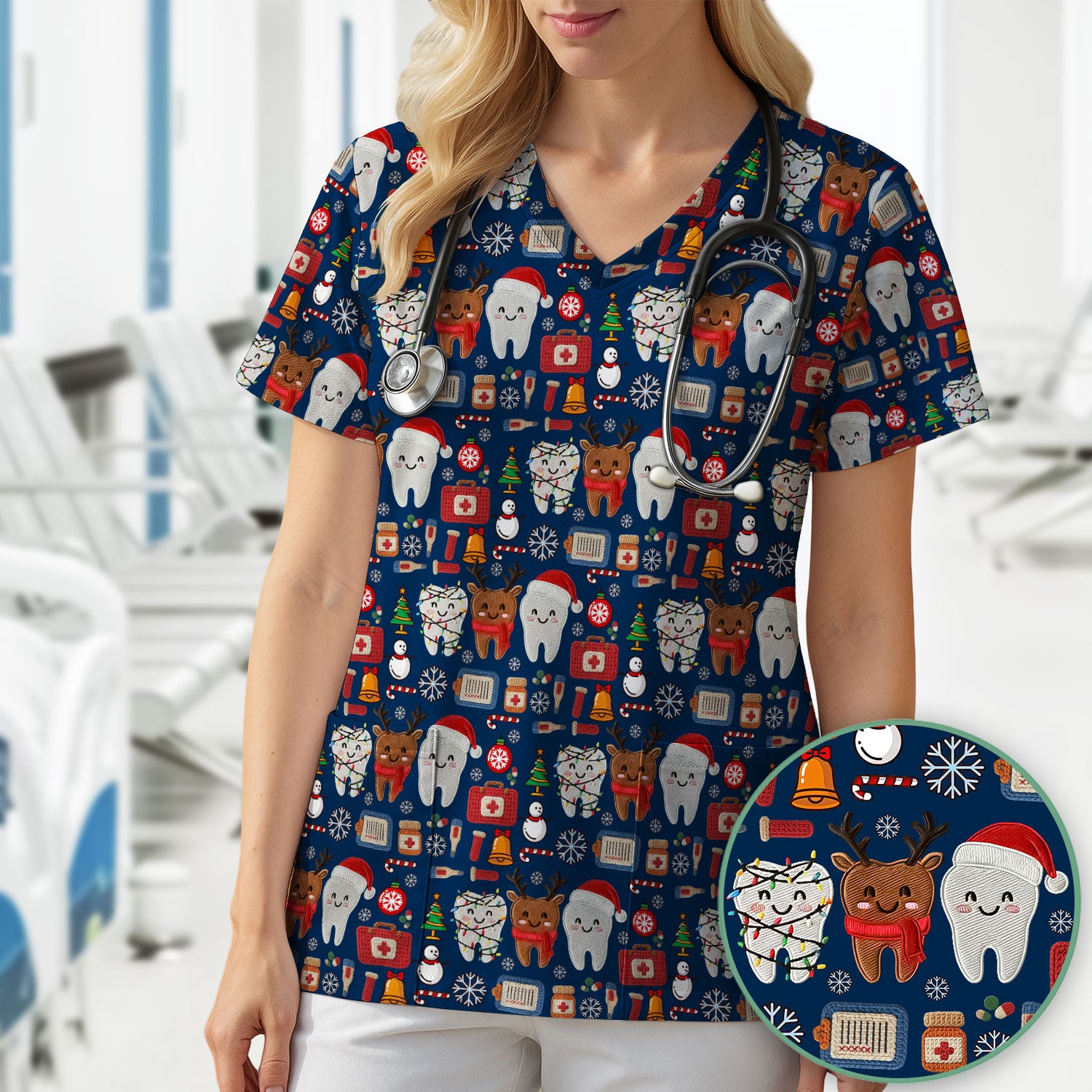 Christmas Dental Scrub Top - Cute Santa & Reindeer Tooth Shirt - Funny Holiday Medical Uniform for Dentists, Hygienists & Nurses