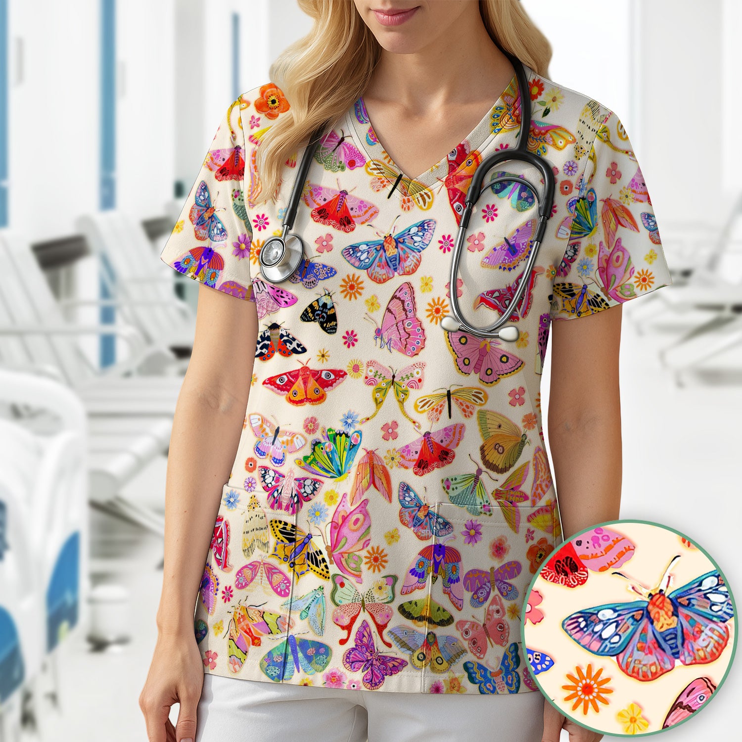 Colorful Butterfly Floral Pattern Scrub Top, Comfortable Scrubs for Nurses