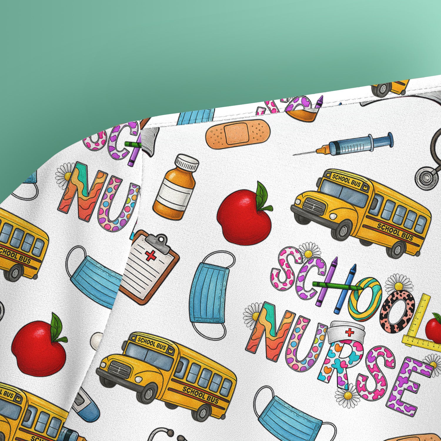 Cute School Nurse Scrub Top - Funny School Bus & Stethoscope Pattern Design - Gift for Women RN LPN