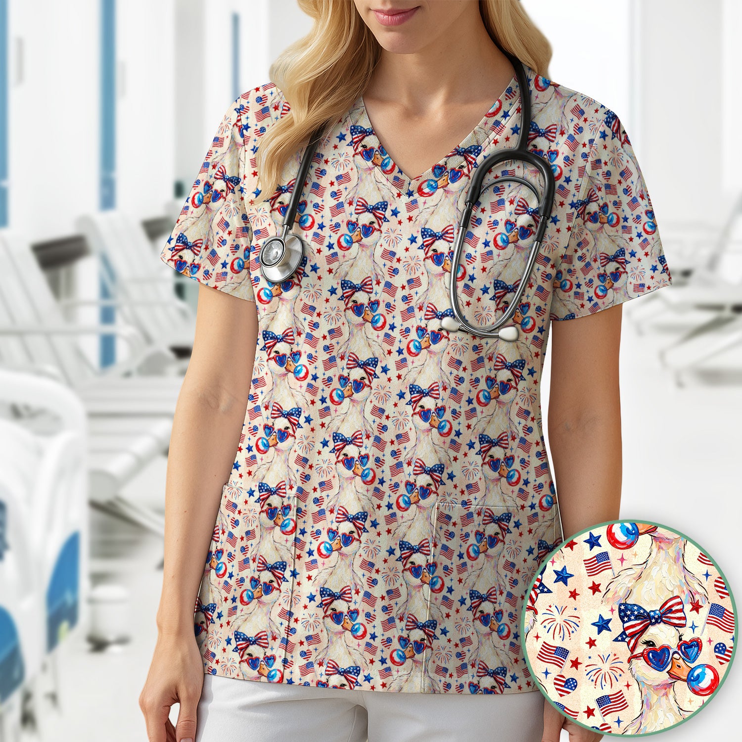 USA Flag 250th Patriotic Duck Sunglasses Pattern Scrub Top, Breathable Fabrics Nursing Uniform