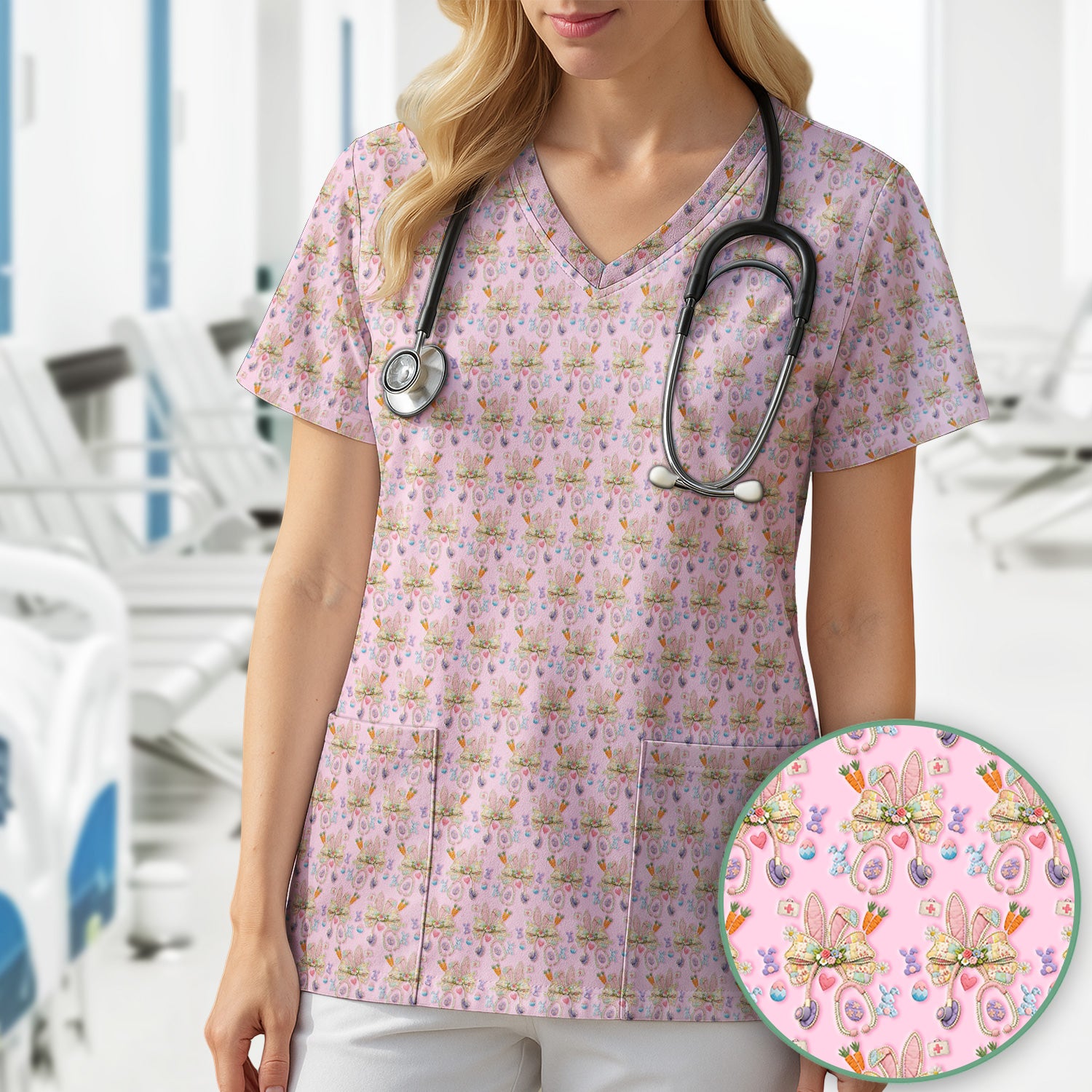 Easter Bunny Stethoscope Pastel Print Scrub Top, Comfortable Scrubs for Nurses