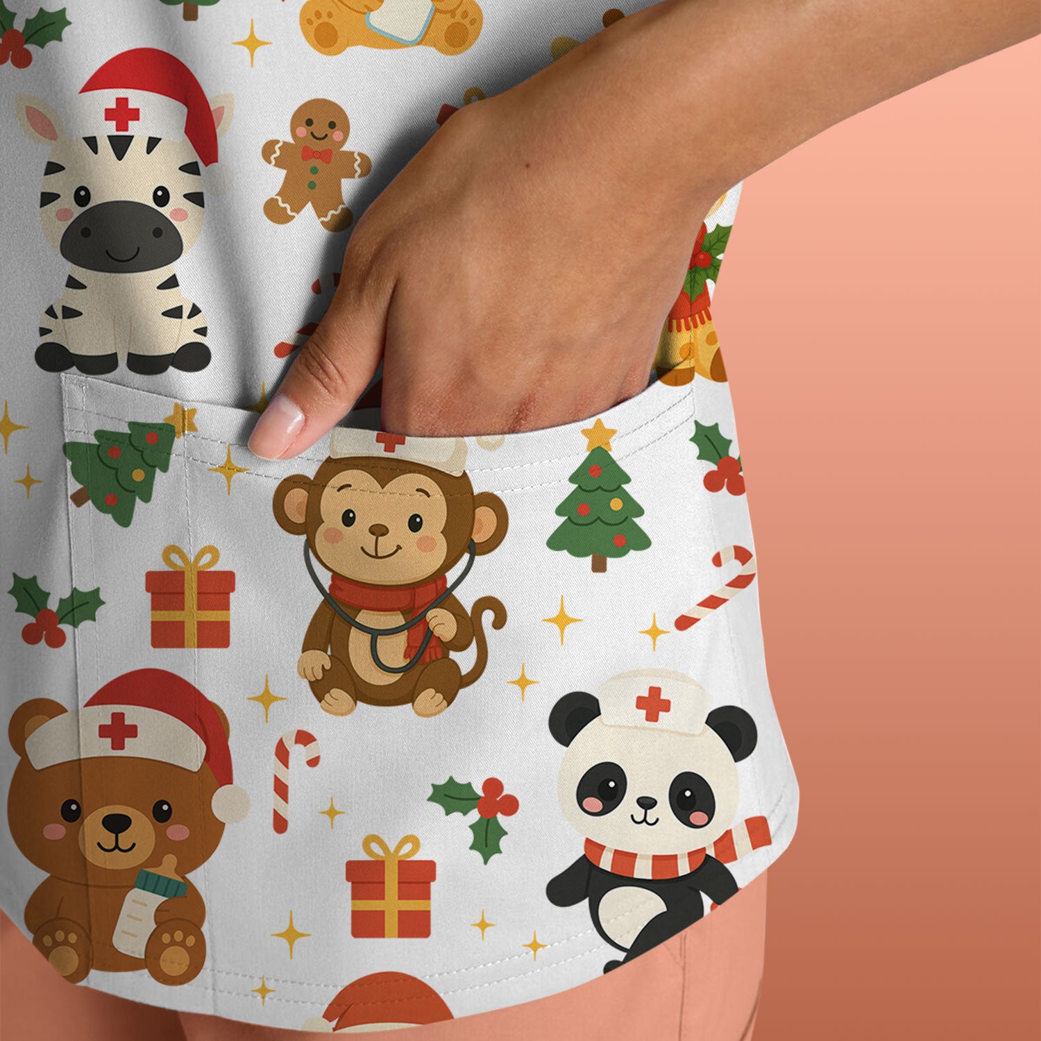 Funny Christmas Nurse Scrub Top - Adorable Safari Animal Pattern - Cute Festive Gift for Women RN LPN CNA