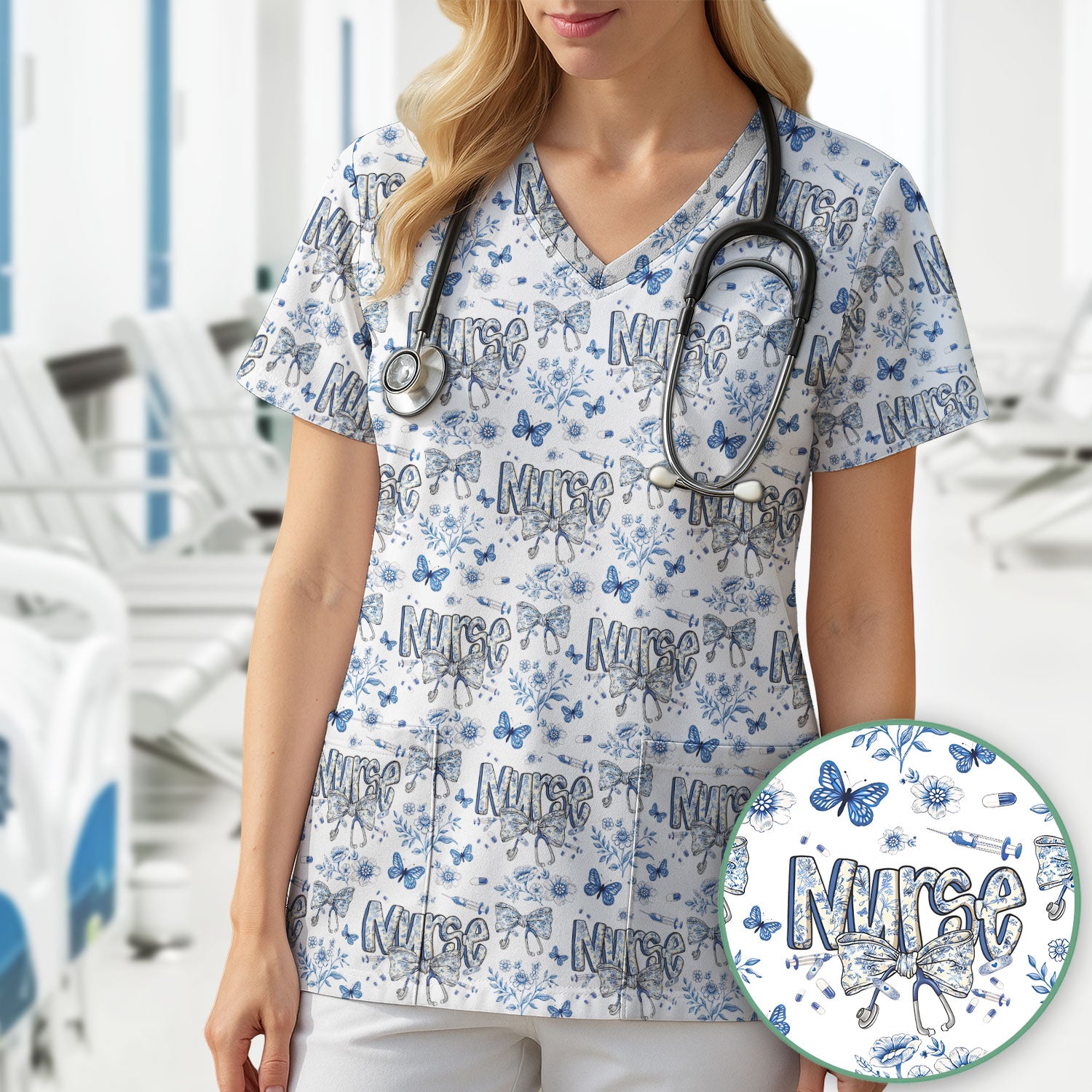 Blue Nurse Letter Bow Butterfly Floral Print Scrub Top, Comfortable Scrubs for Nurses