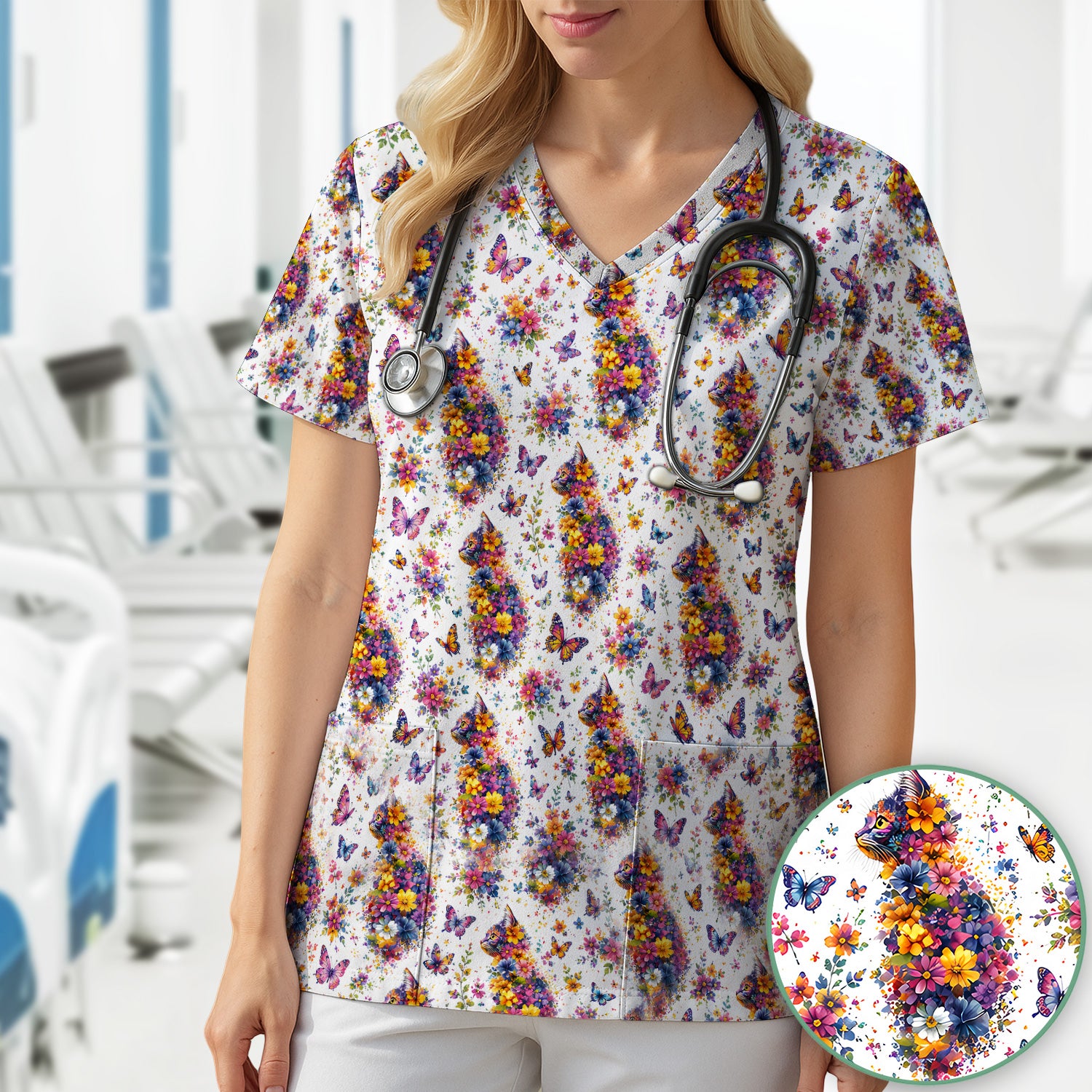 Cute Floral Cat With Butterfly Pattern Scrub Top, Comfortable Scrubs for Nurses