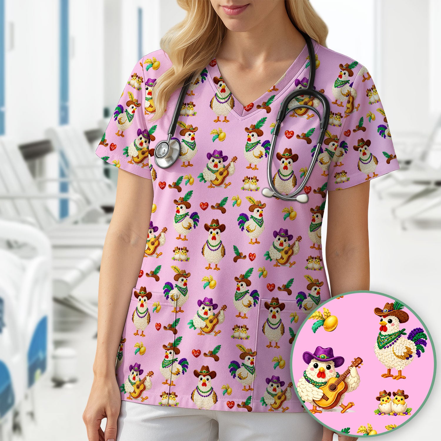 Funny Mardi Gras Rooster Cowboy Print Scrub Top, Comfortable Scrubs for Nurses
