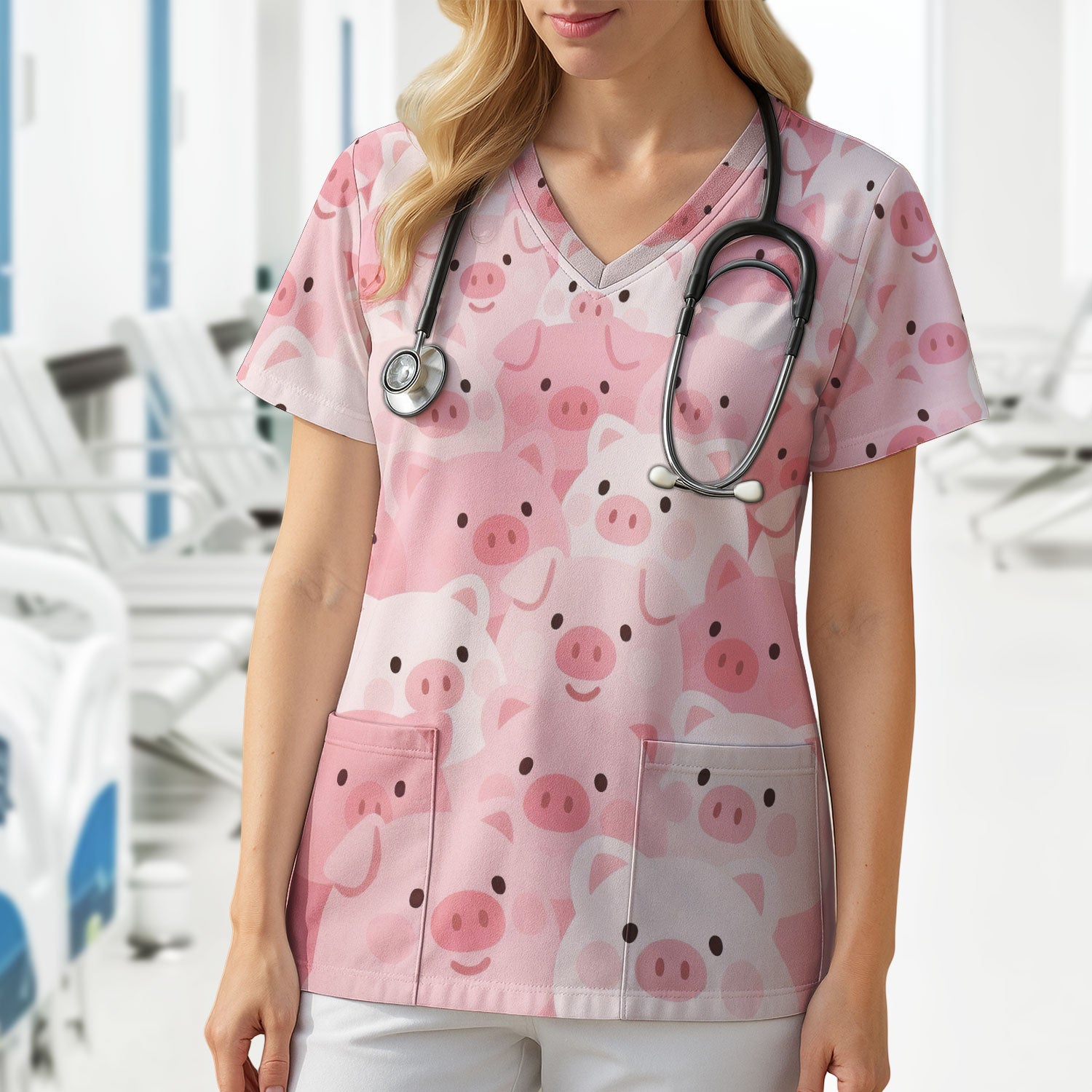 Cute Pig Nursing Scrub Top, Comfortable Scrubs For Nurses