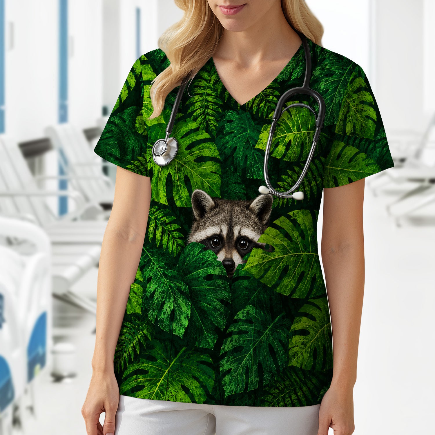 Cute Raccoon Tropical Leaf Pattern Scrub Top, Comfortable Scrubs for Nurses