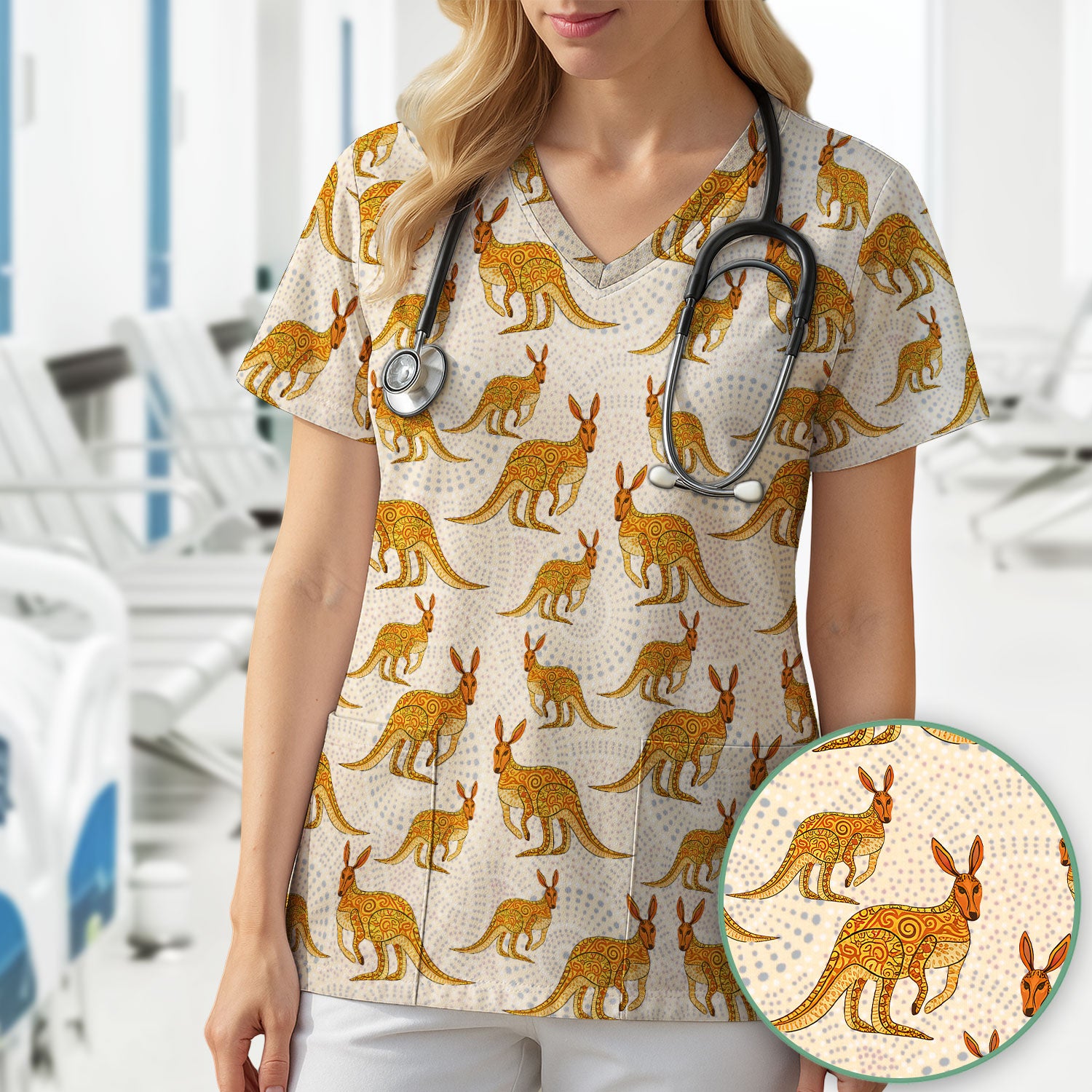 Australian Kangaroo Dot Art Inspired Medical Scrub Top - Women Uniform