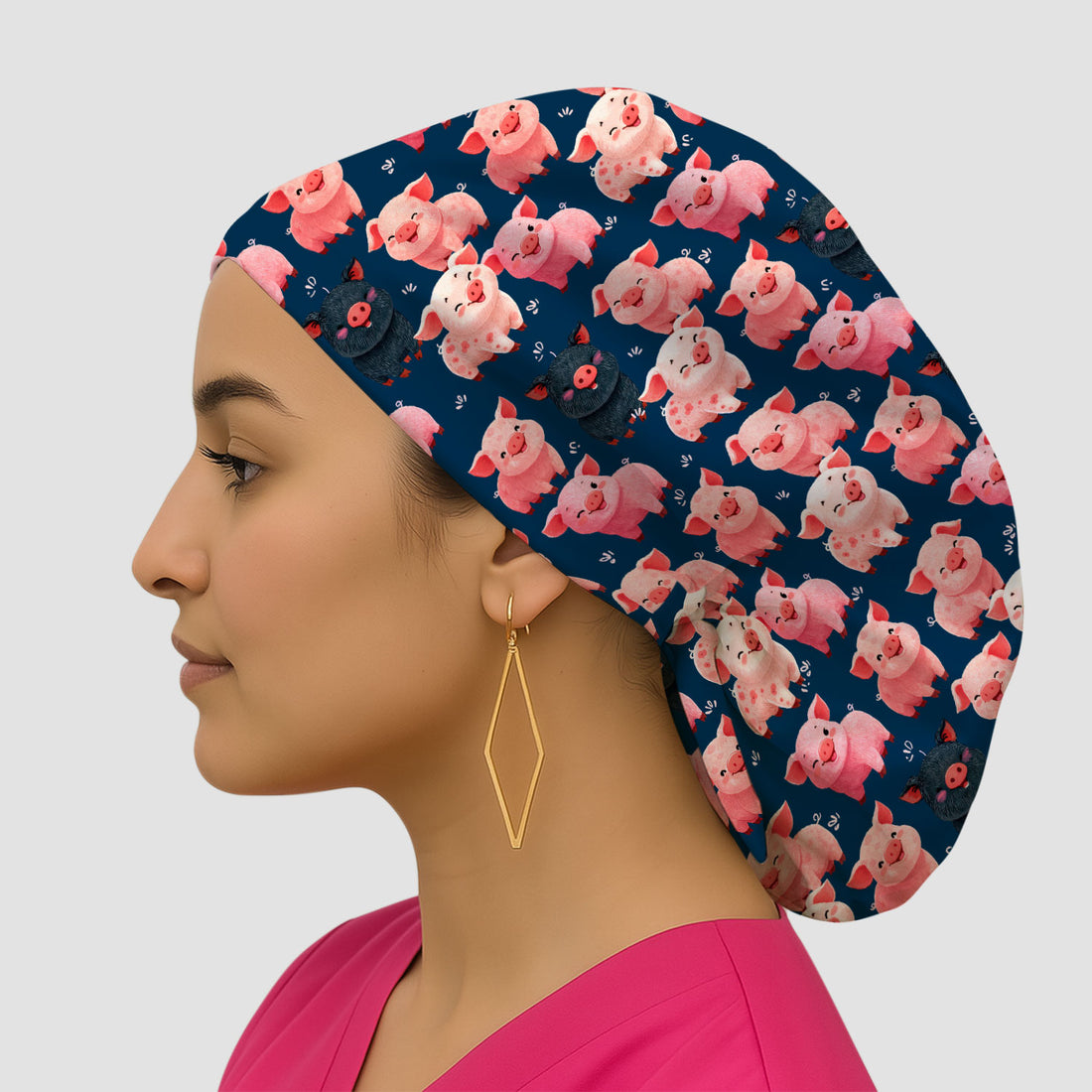 Funny Farm Pig Cartoon Pattern Cap, Bouffant Scrub Caps for Women
