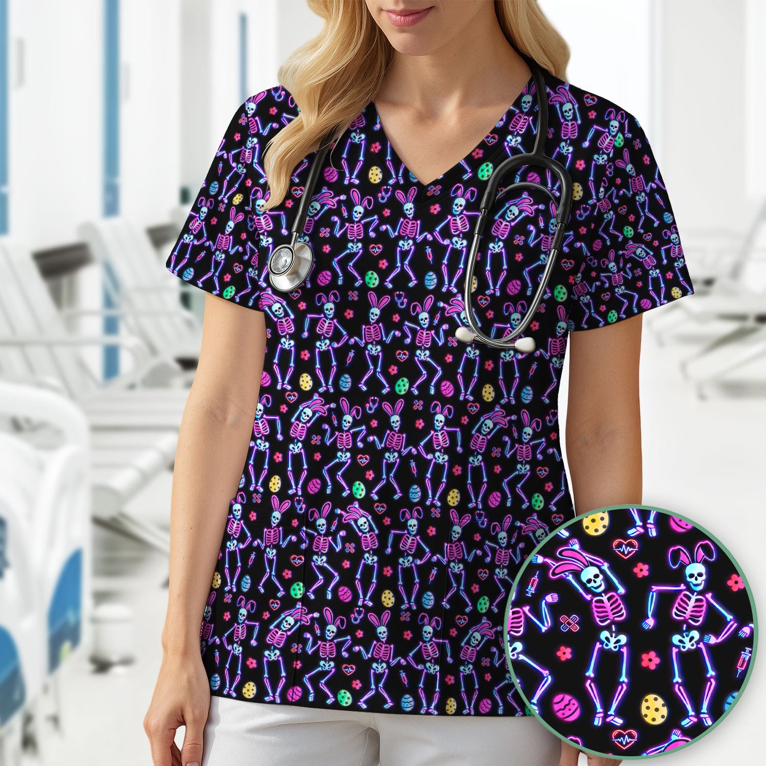 Neon Easter Skeleton Pattern Scrub Top, Comfortable Scrubs for Nurses