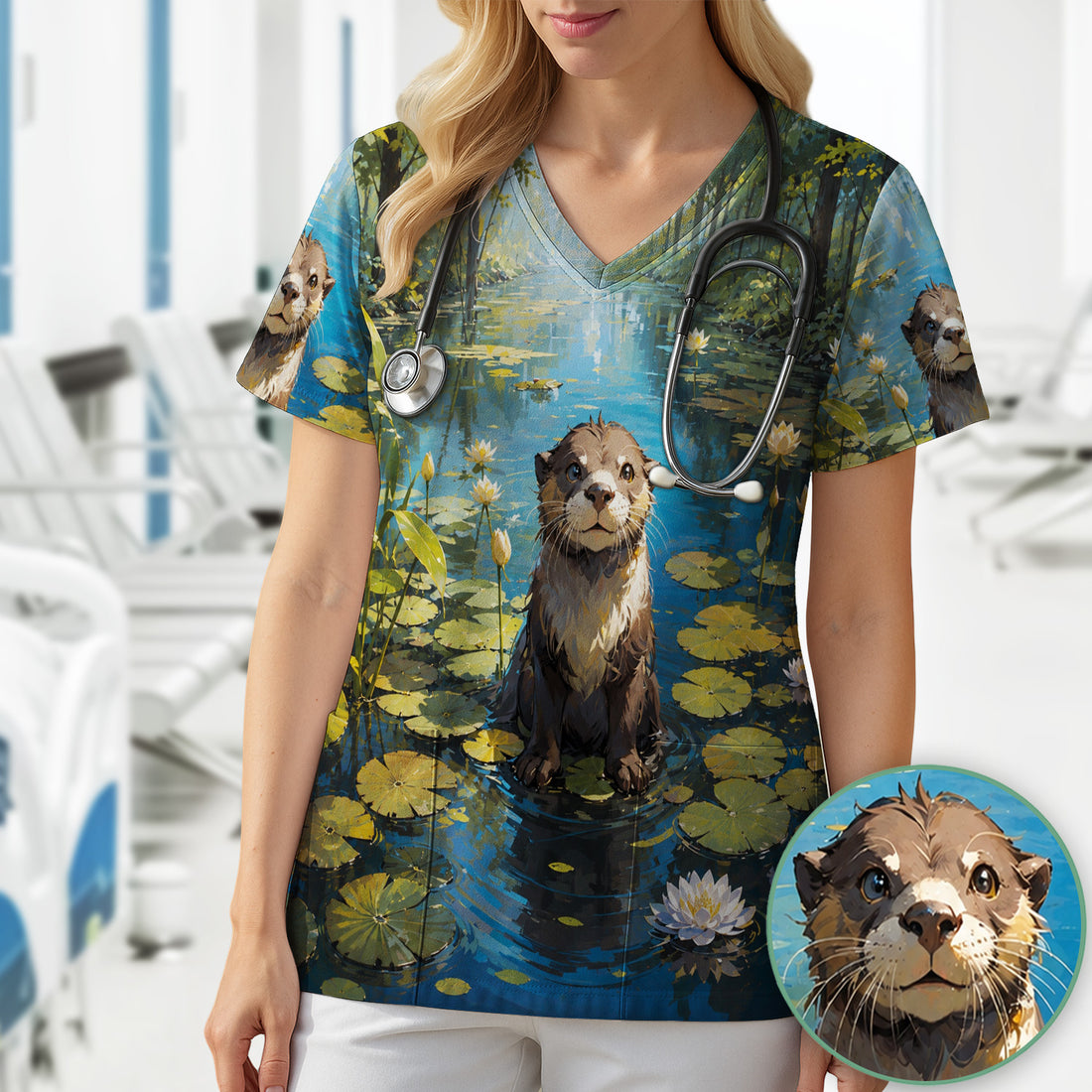 Cute Otter Pond Pattern Scrub Top, Comfortable Scrubs for Nurses