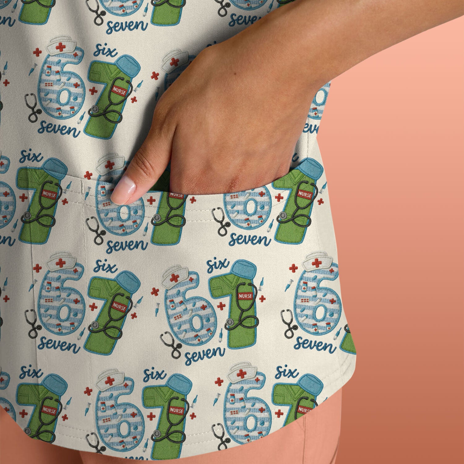 Nurse Six Seven Pattern Scrub Top, Cute Medical Number Print Shirt for Nursing Professionals