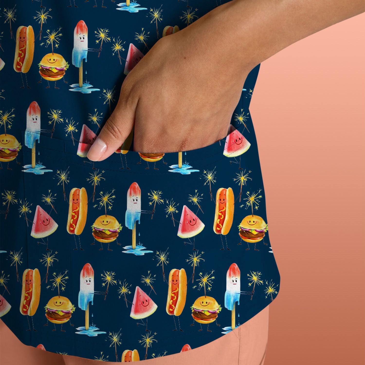 Funny Summer Food Icons Pattern Scrub Top, Comfortable Scrubs for Nurses