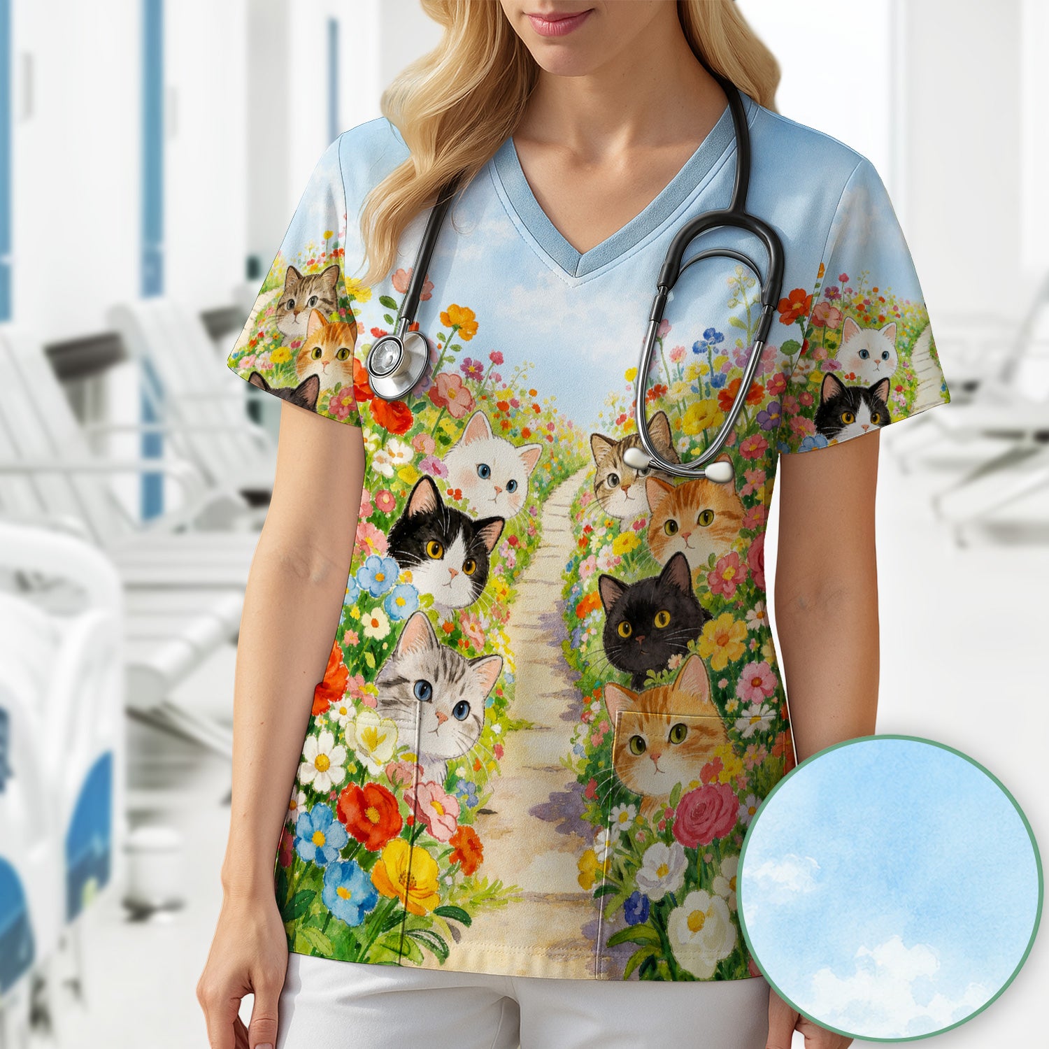 Cute Garden Cats Flower Path Pattern Scrub Top, Comfortable Scrubs for Nurses