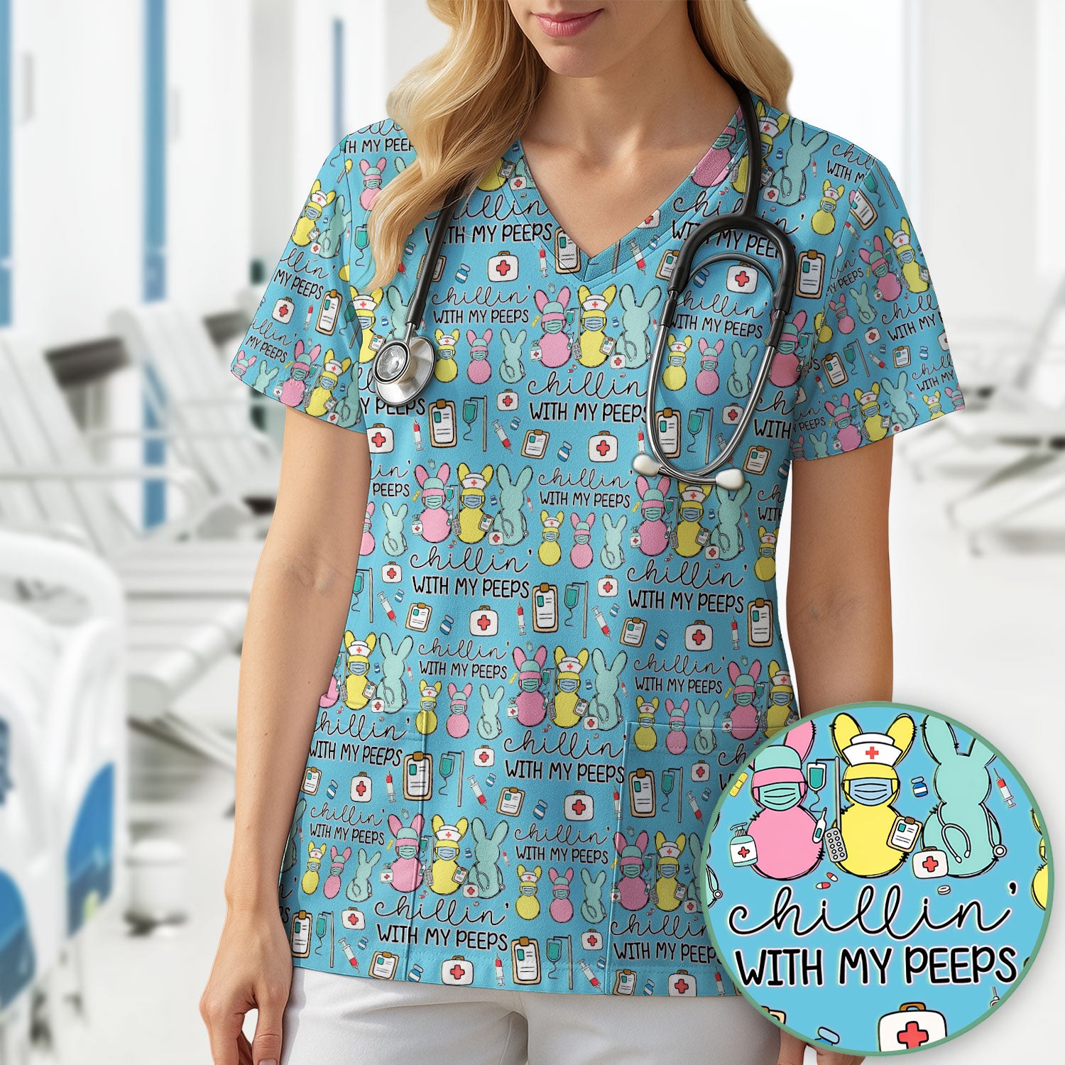 Cute Bunny Nurse Chillin With My Peeps Scrub Top, Comfortable Scrubs for Nurses, Easter