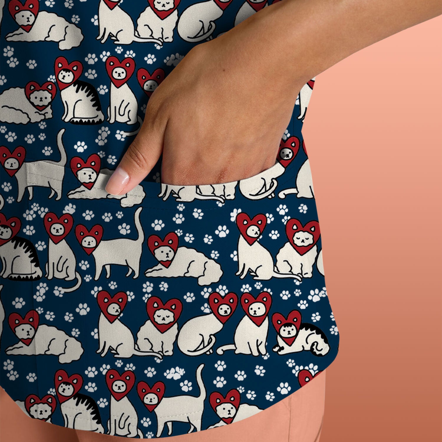 Cute Cat Heart Pattern Scrub Top, Funny Cat Scrub Shirt For Nurses, Breathable Fabrics Nursing Uniform