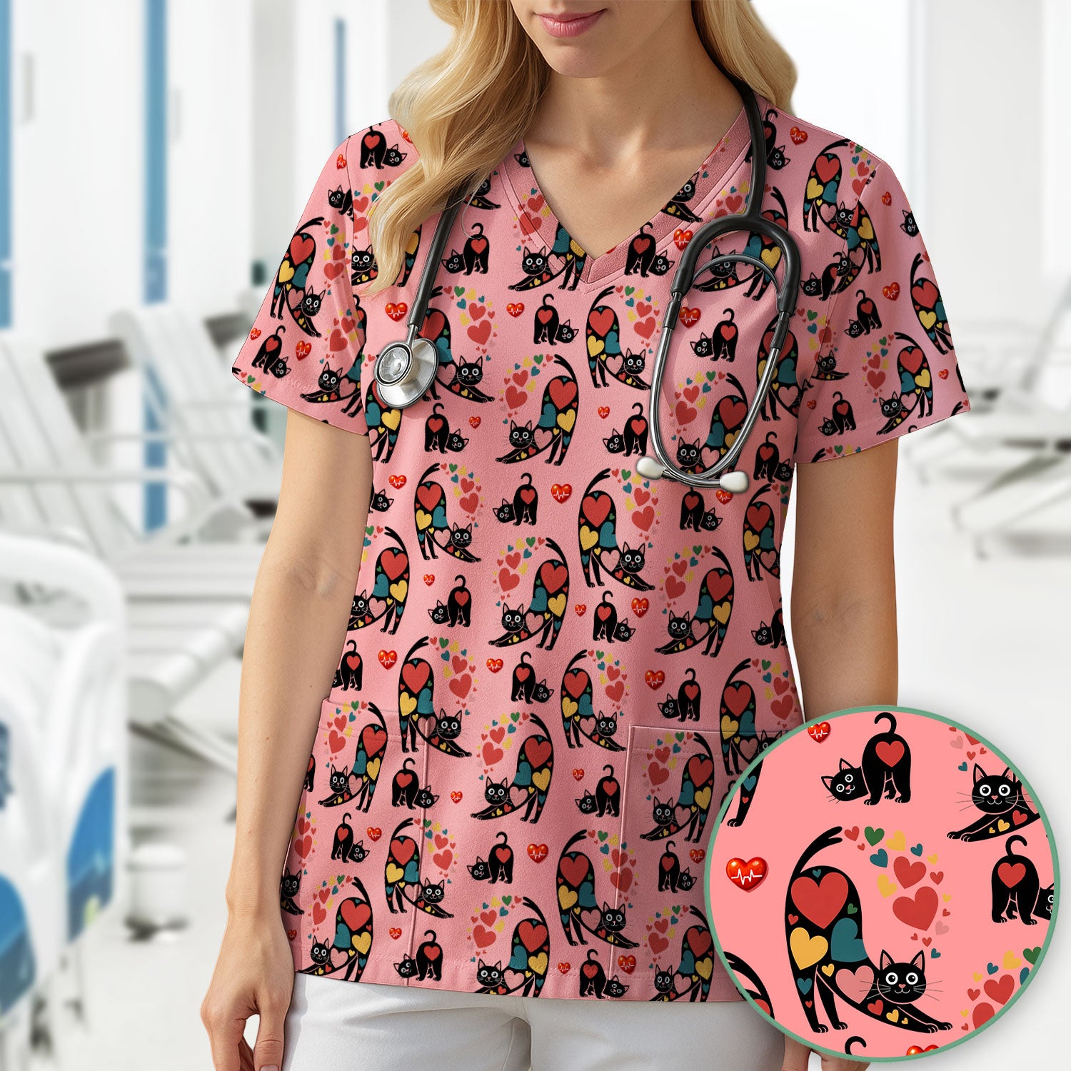 Playful Cat Valentine Heart Print Nurse Scrub Top, Comfortable Scrubs for Nurses