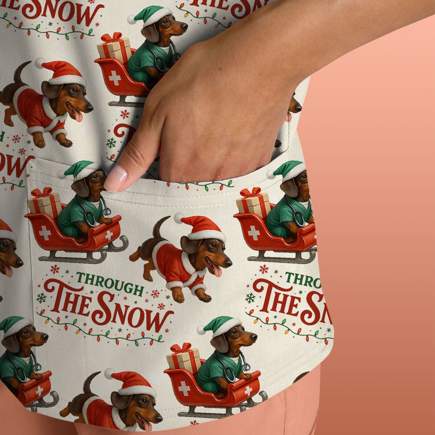 Dachshund Christmas Scrub Top, Cute Dog Nurse Scrub Shirt, Through The Snow Pattern Nursing Uniform