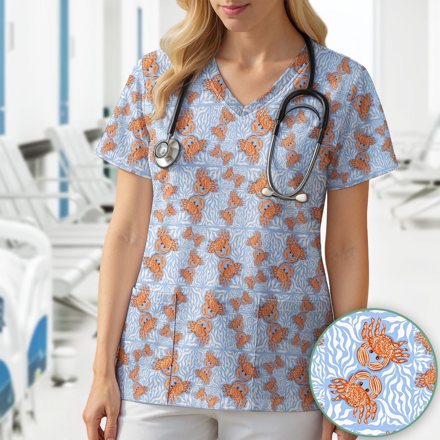 Cute Coastal Crab Print Scrub Top, Breathable Fabrics Nursing Uniform