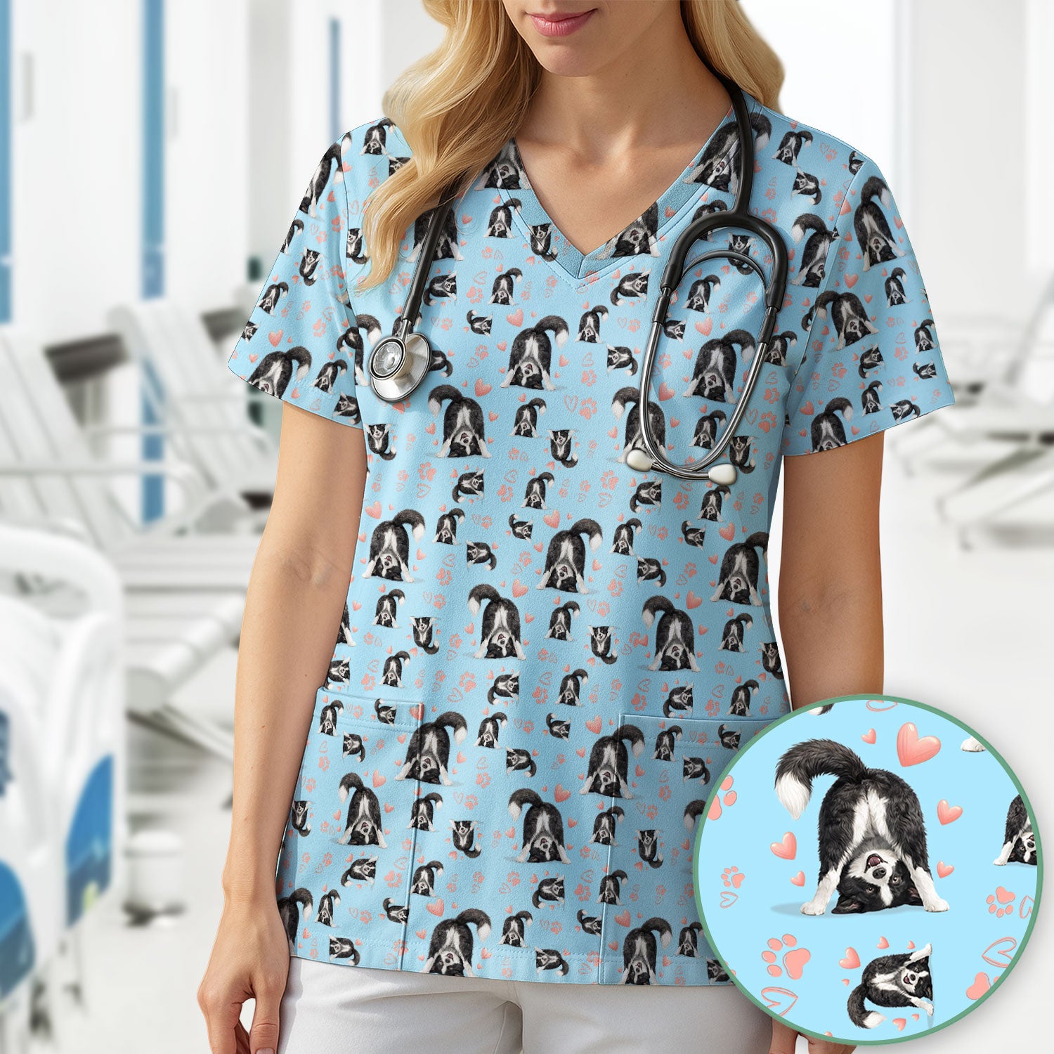 Cute Puppy Heart Medical Pattern Scrub Top, Comfortable Scrubs for Nurses