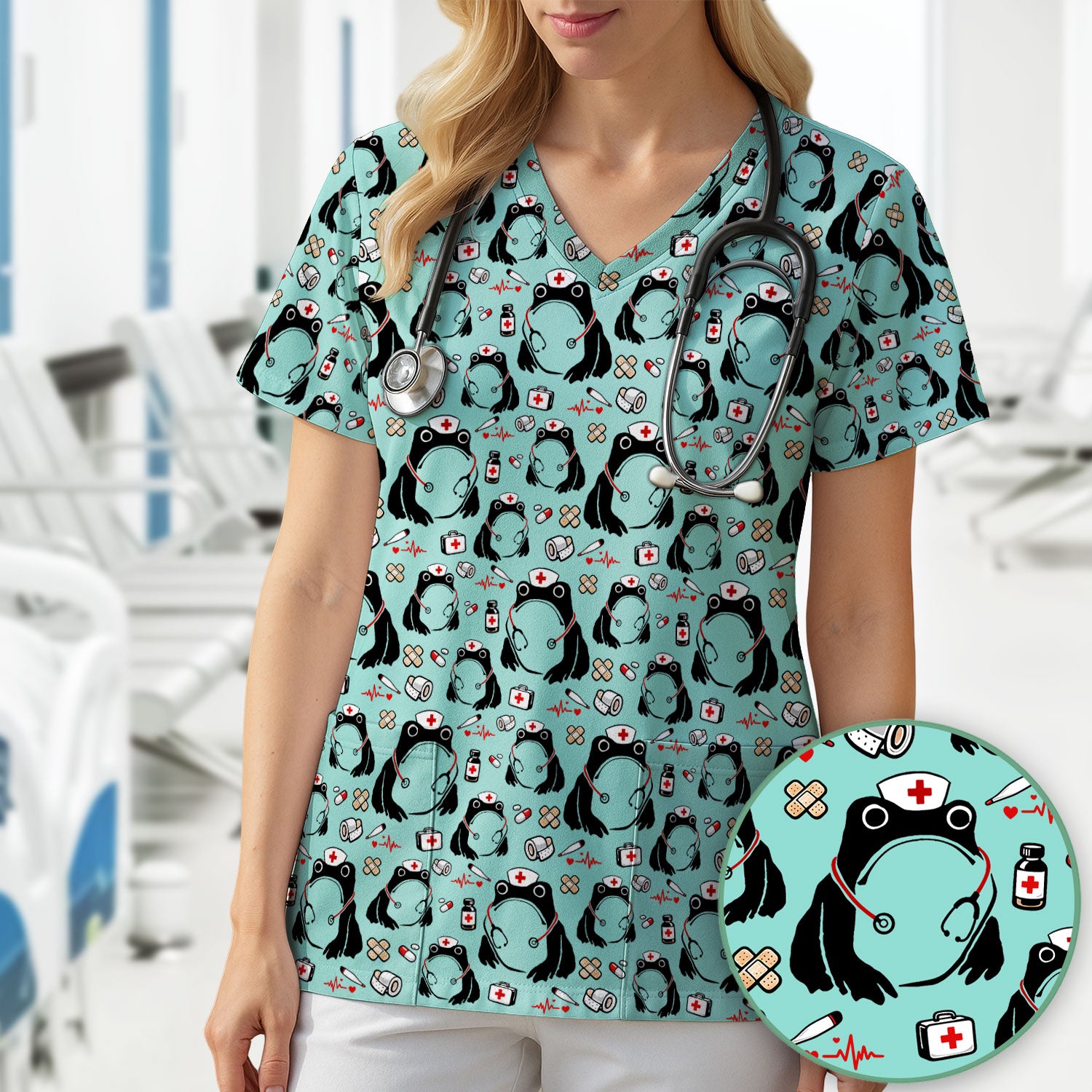 Cute Frog Nurse Medical Print Scrub Top, Comfortable Scrubs for Nurses