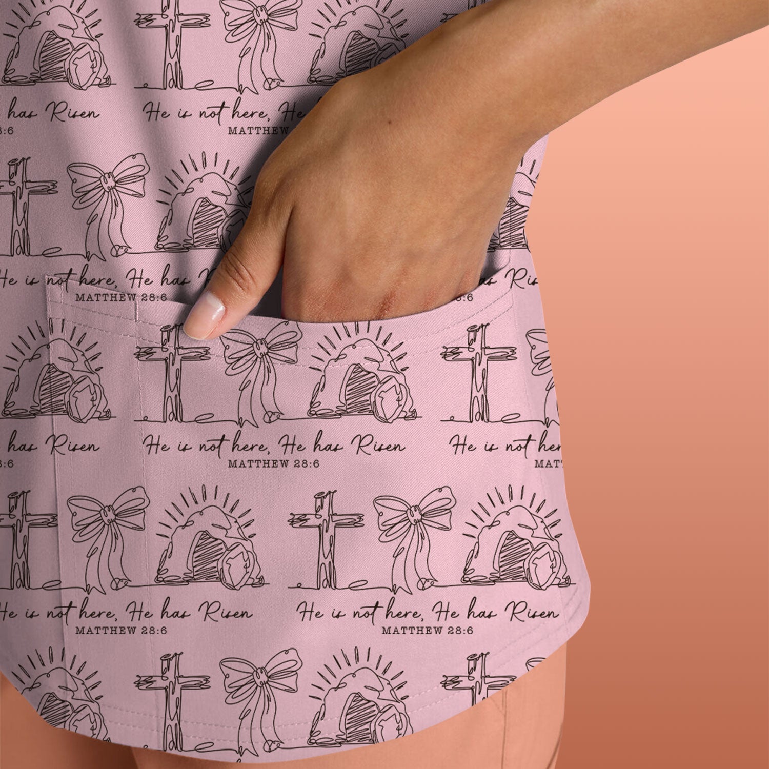 Christian Cross He Is Risen Pattern Scrubs Top, Comfortable Scrubs for Nurses