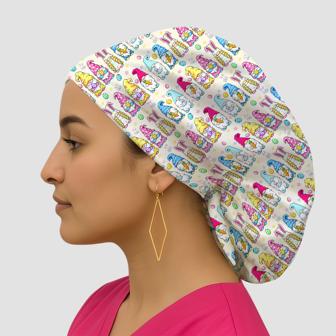Colorful Easter Gnome Bunny Eggs Pattern Cap, Bouffant Scrub Caps for Women