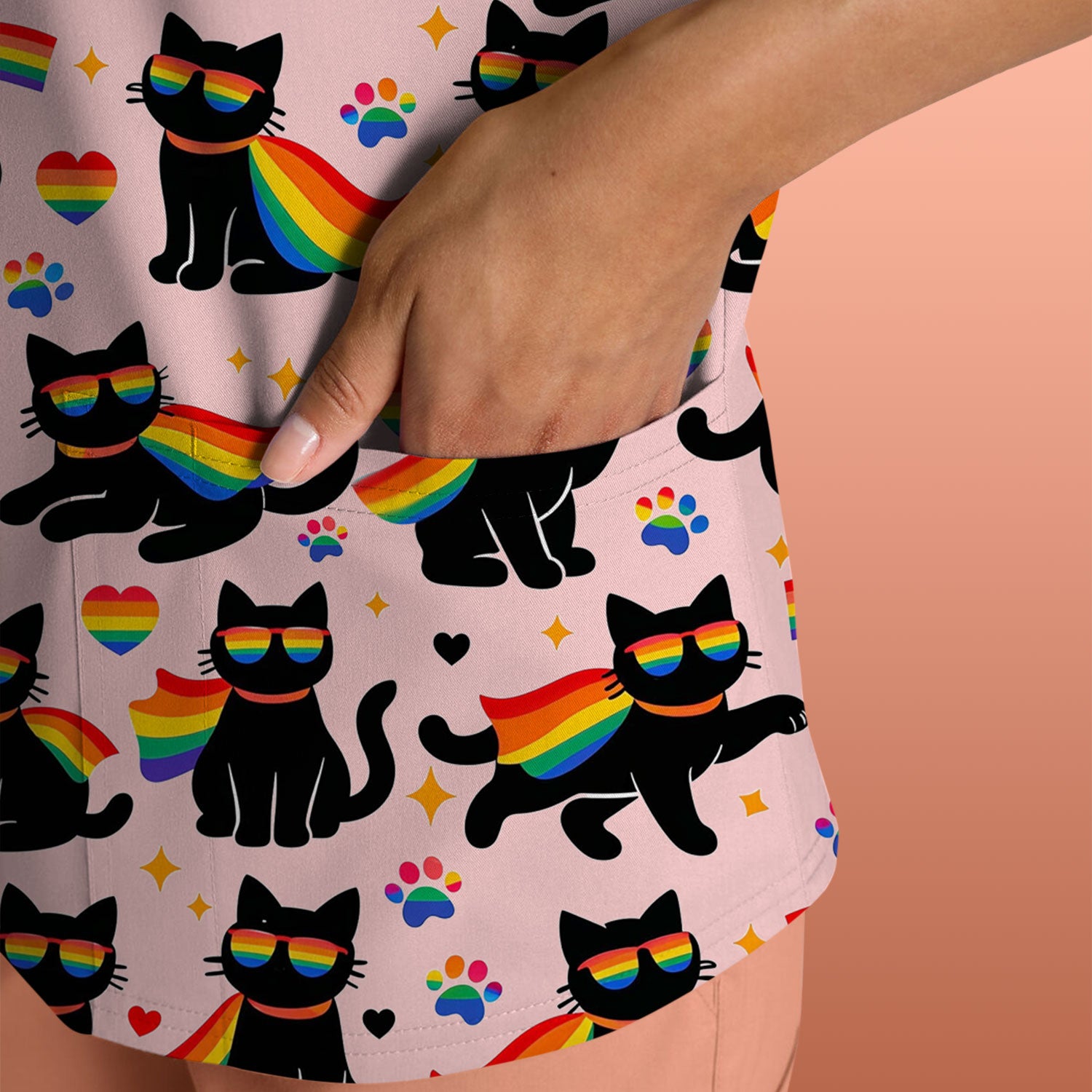 Rainbow Black Cat Pride Pattern Scrub Top, Breathable Fabrics Nursing Uniform