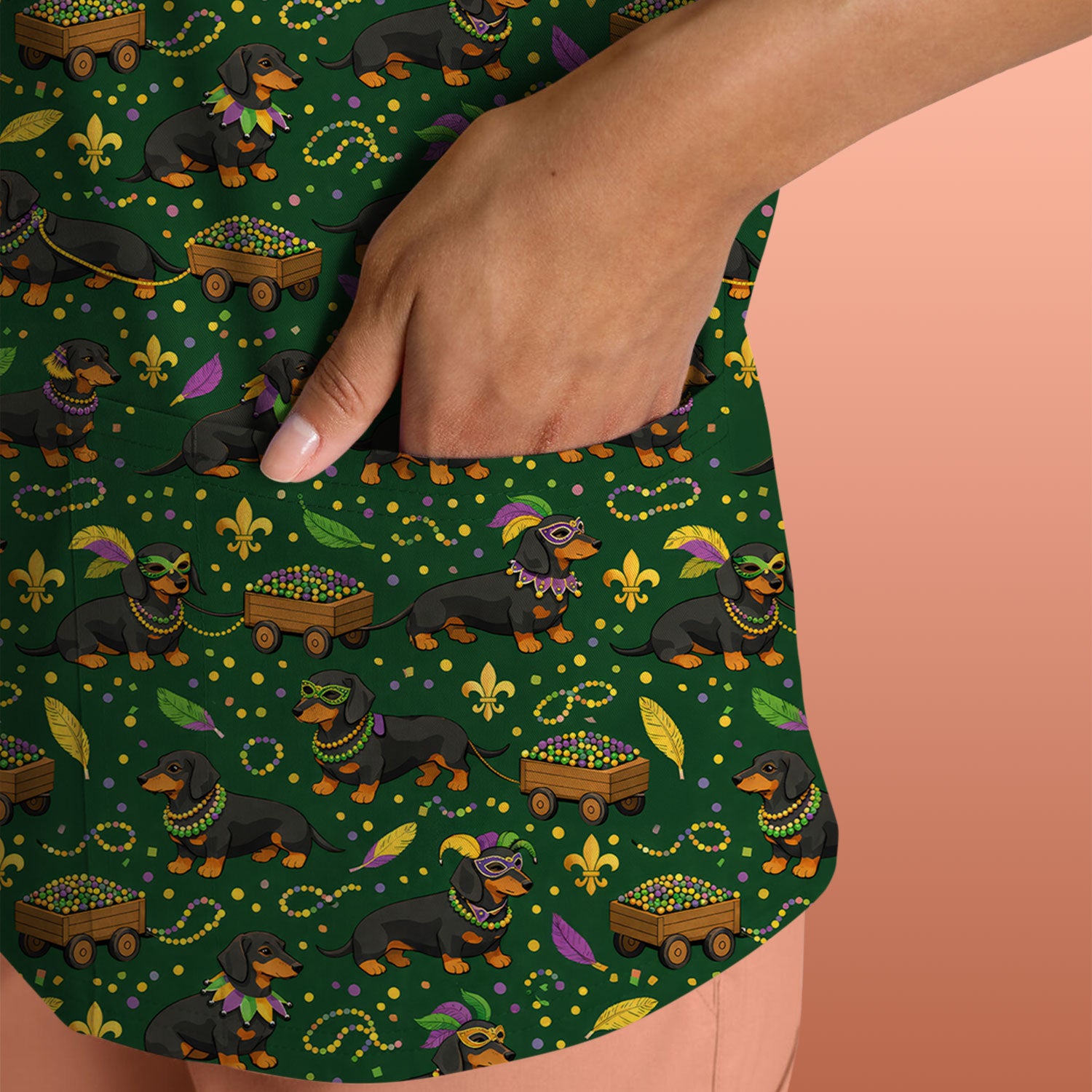 Funny Mardi Gras Dachshund Scrub Top, Festival Wiener Dog Pattern Nurse Shirt, Breathable Fabrics Nursing Uniform