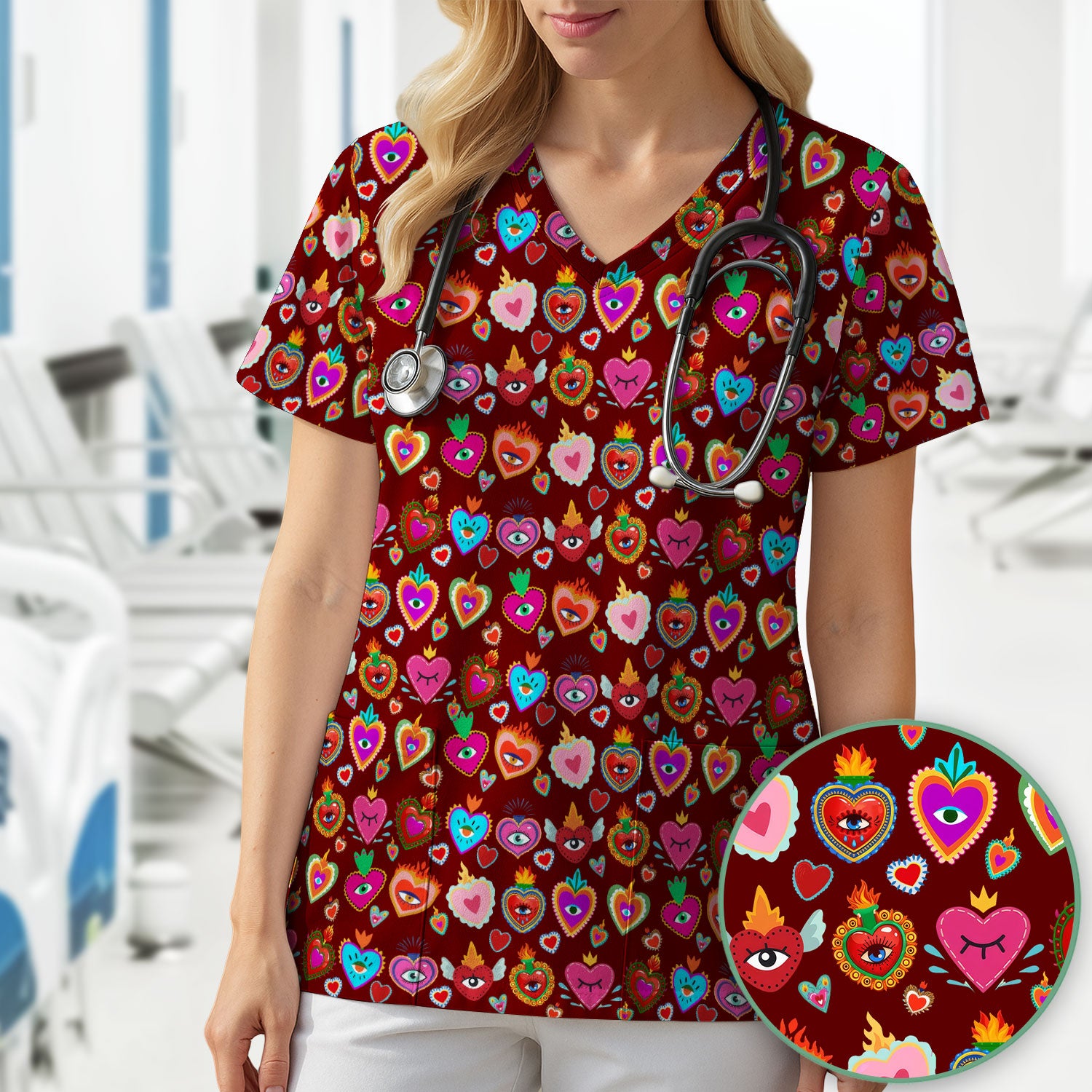 Valentine Colorful Sacred Heart Print Medical Scrub Top, Comfortable Scrubs for Nurses