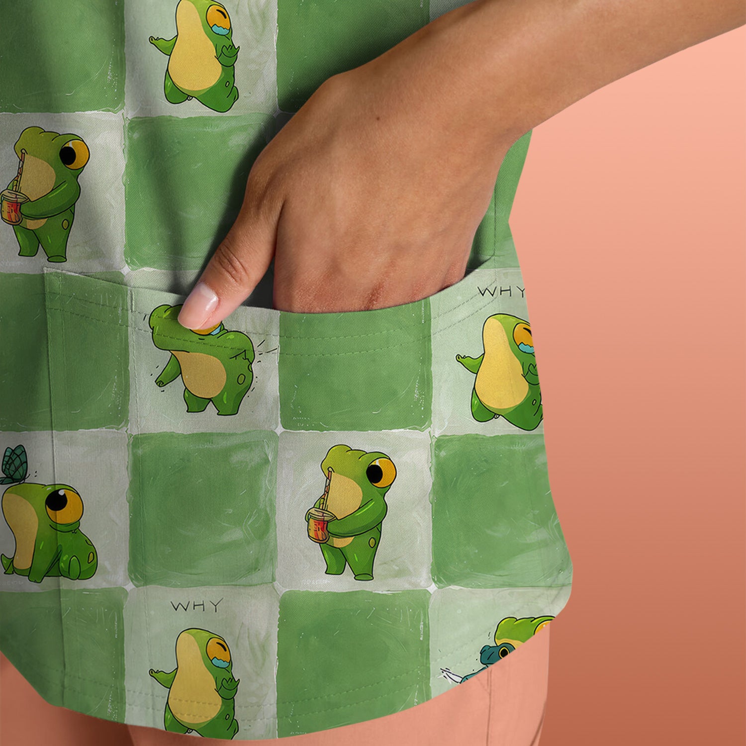 Cute Frog Duck Checkerboard Pattern Scrub Top, Breathable Fabrics Nursing Uniform