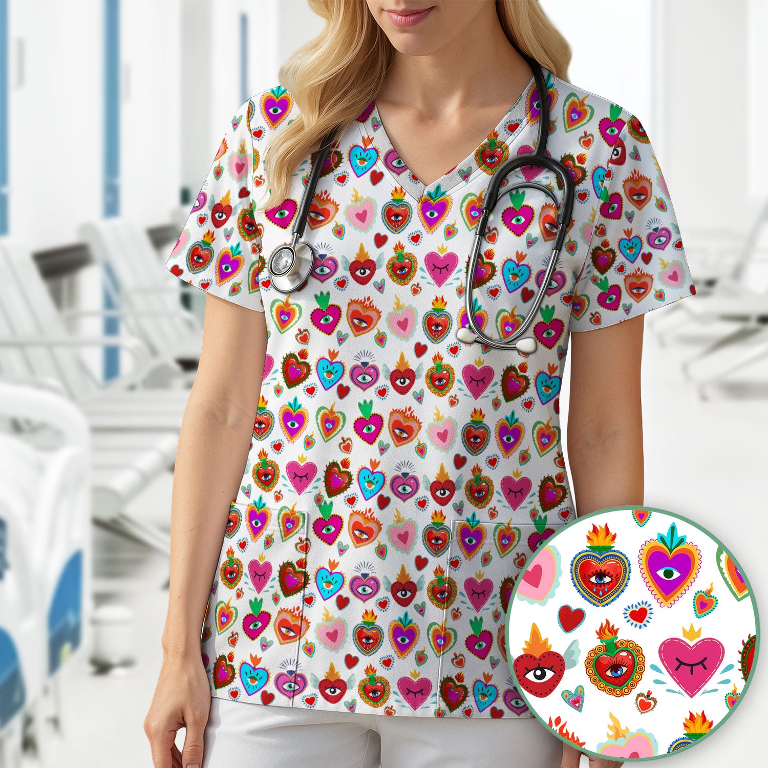 Valentine Colorful Sacred Heart Print Medical Scrub Top, Comfortable Scrubs for Nurses