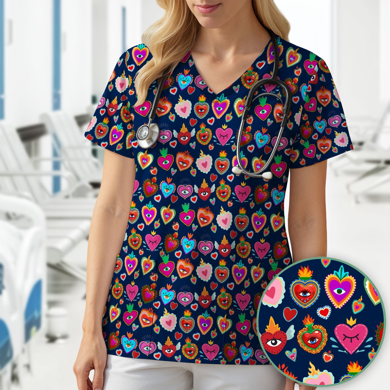 Valentine Colorful Sacred Heart Print Medical Scrub Top, Comfortable Scrubs for Nurses