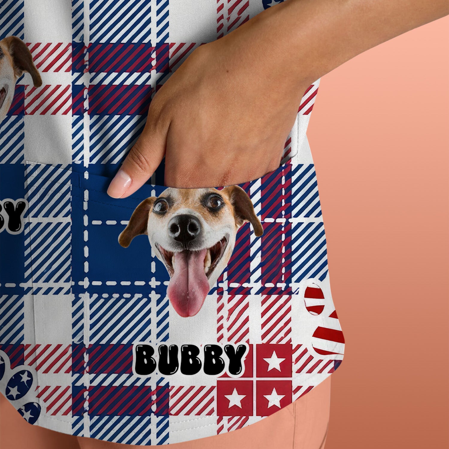 Custom Dog Face Scrub Top, Personalized Patriotic Dog Plaid Pattern Shirt, Custom Name Vet Tech Gift For Nursing