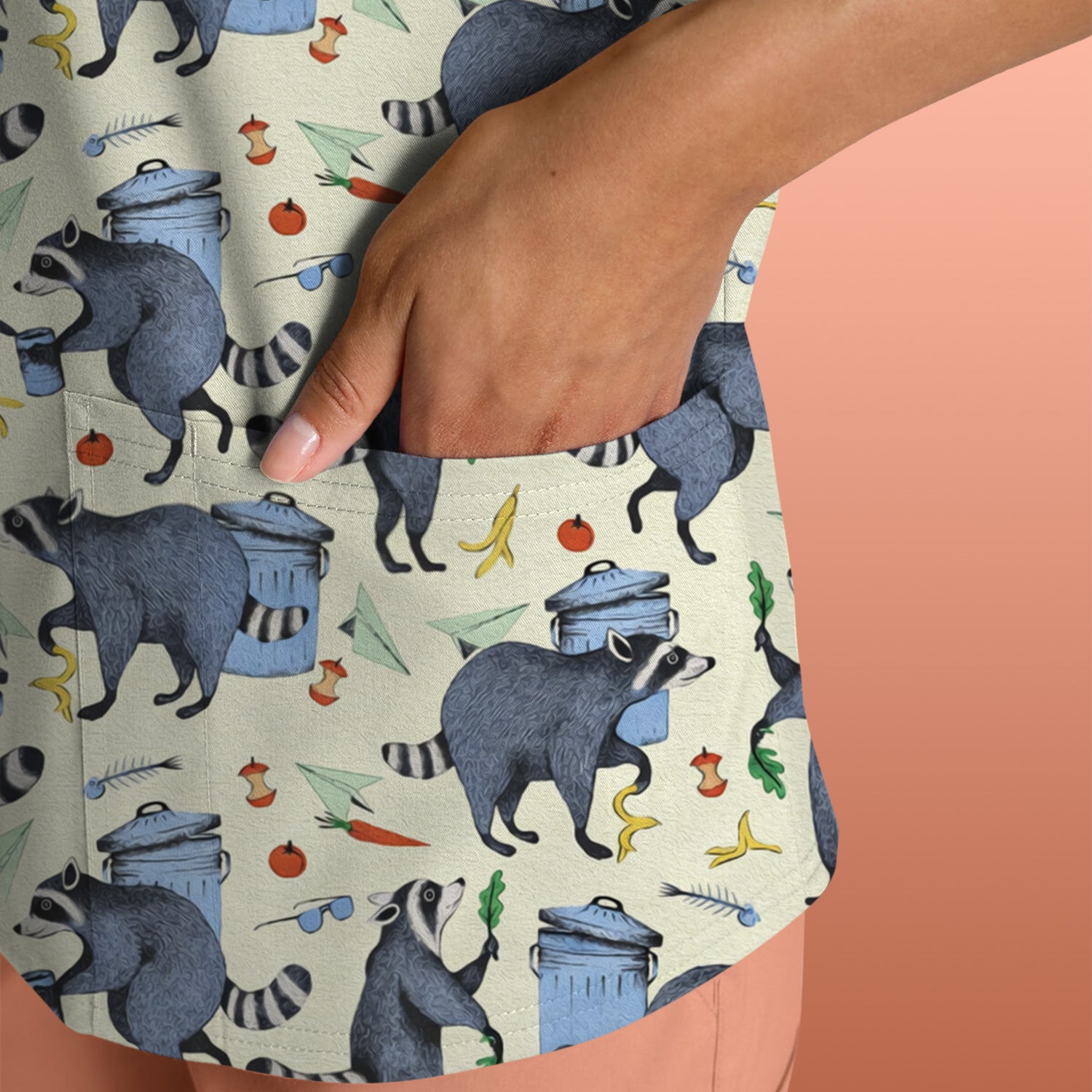 Funny Nurse Raccoon Eating Trash Banana Scrub Top, Breathable Fabrics Nursing Uniform