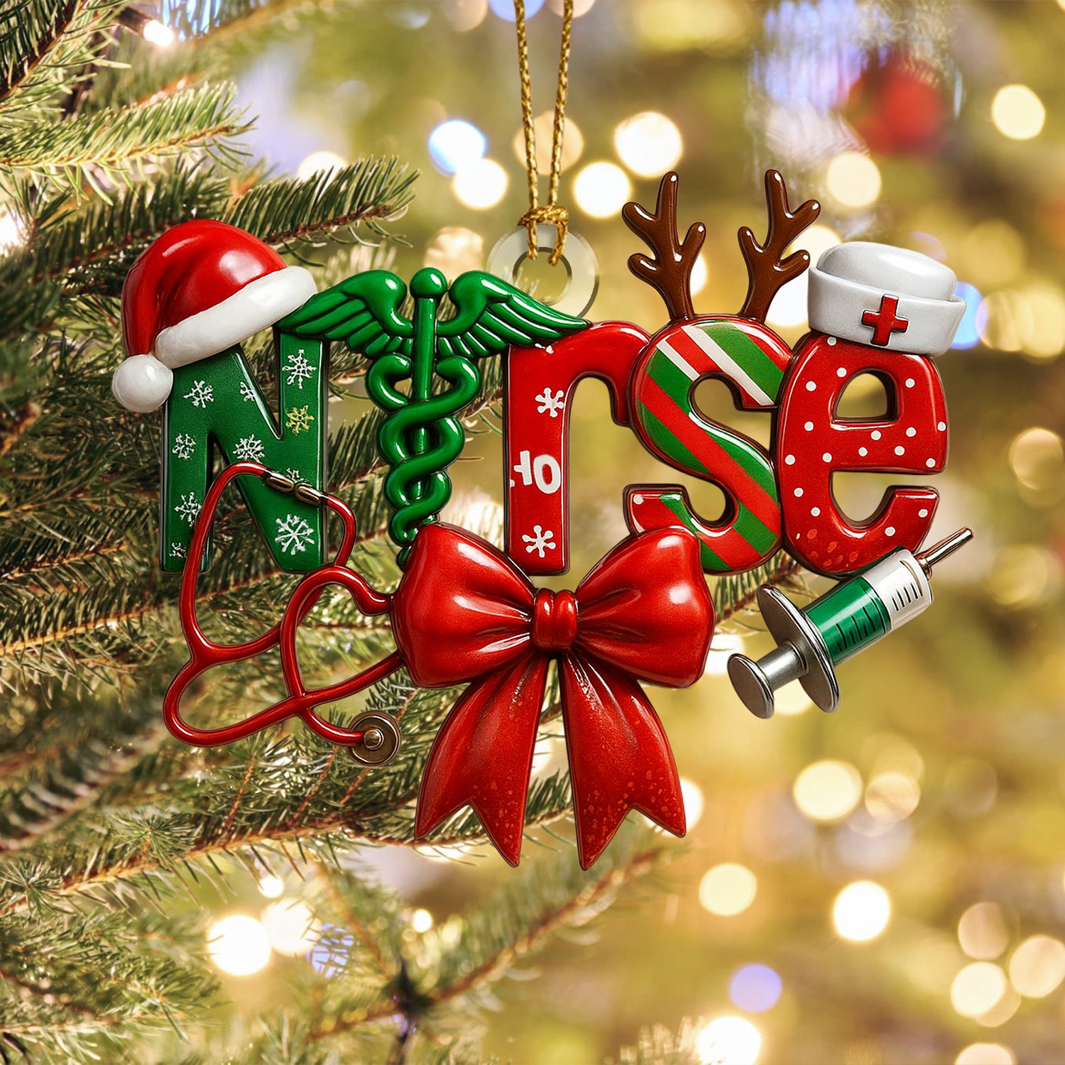 Funny Nurse Christmas Ornament, Xmas Medical Ornament with Stethoscope and Syringe, Holiday Gift for RN, LPN, CNA, Doctor