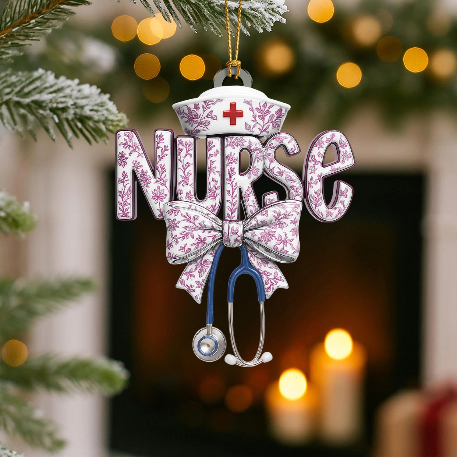 Toile De Jouy Nurse Ornament – Elegant Floral Christmas Ornament for Nurses, Custom Medical Ornament, RN LPN CNA Gift