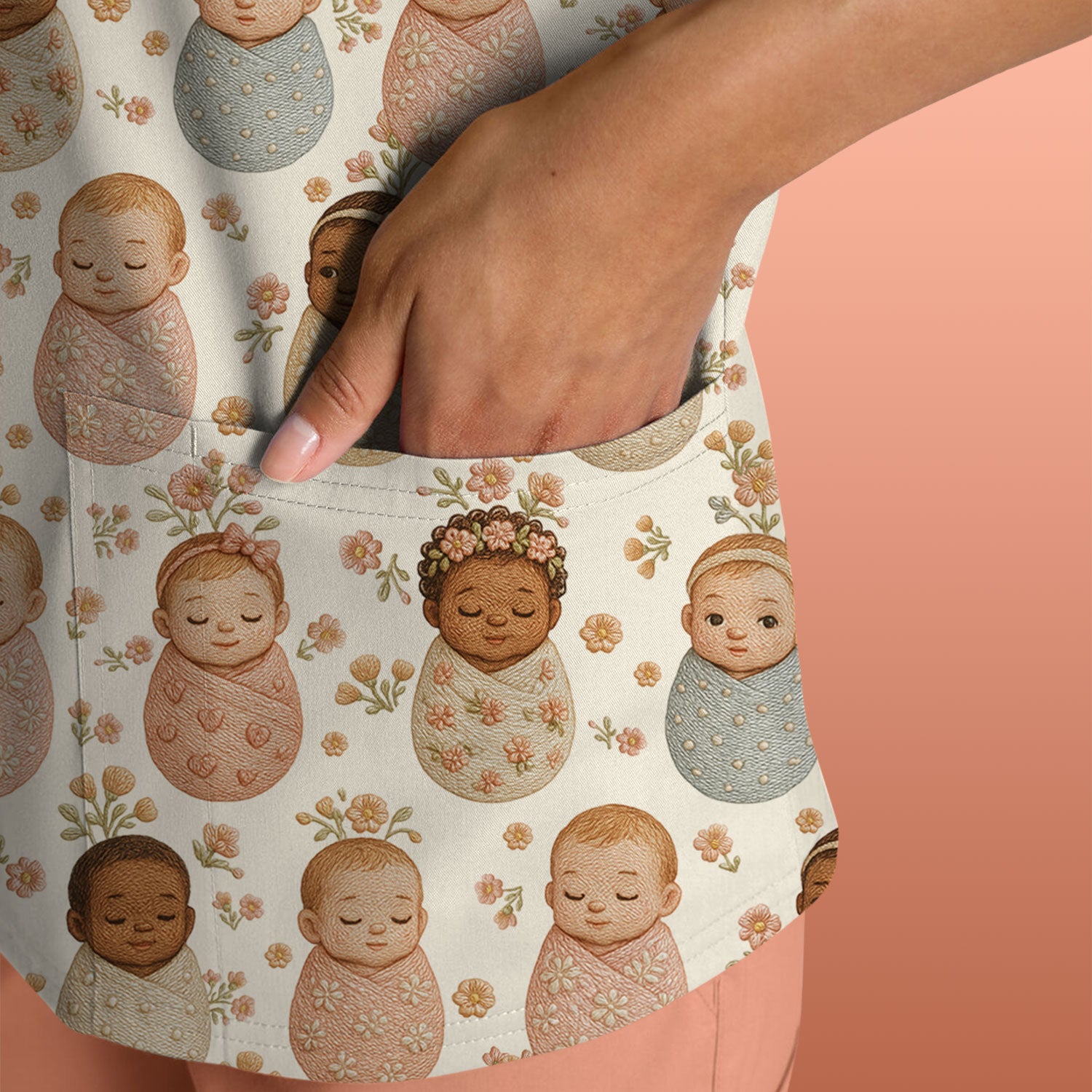 Sweet Newborn Baby Floral Print Nurse Scrub Top, Comfortable Scrubs for Nurses