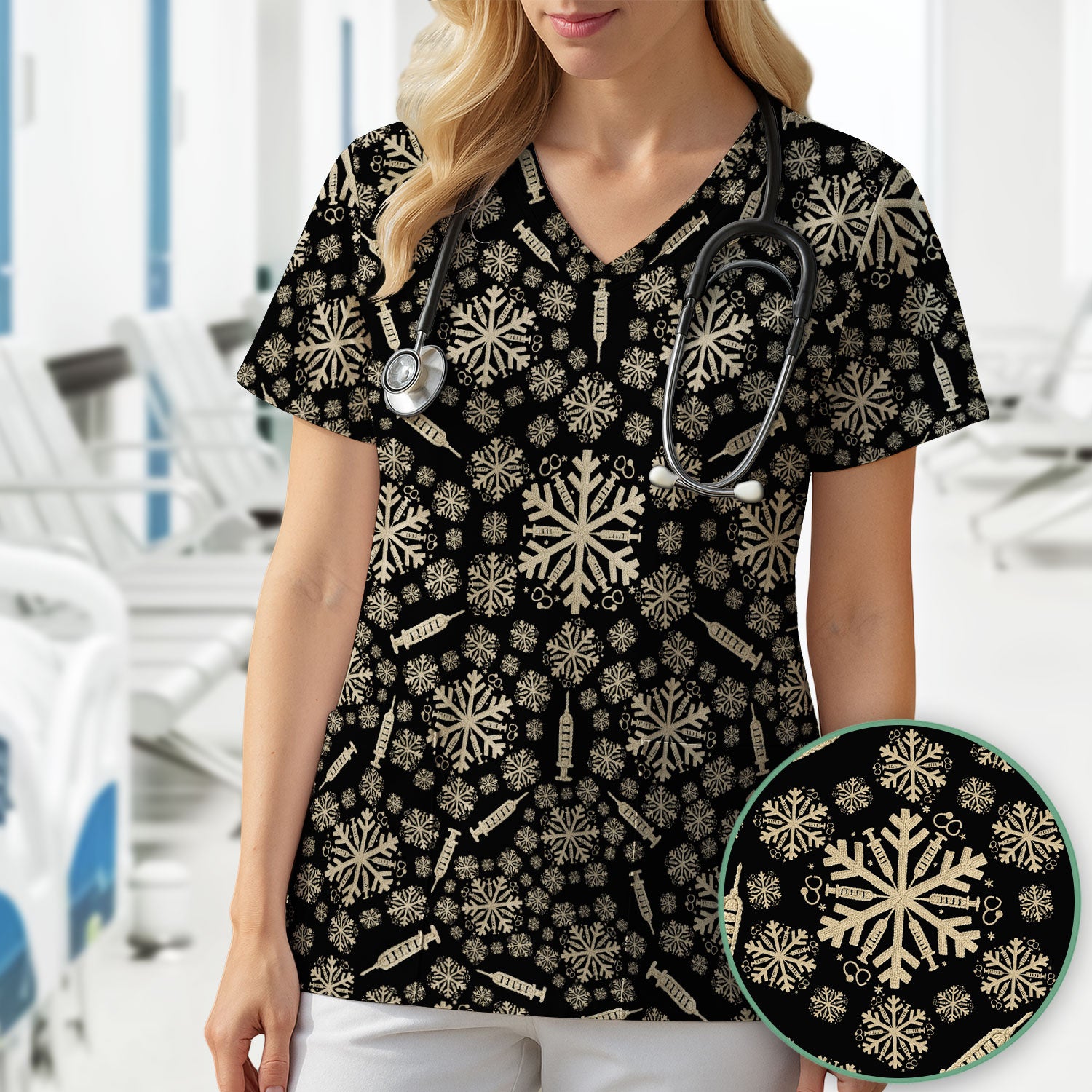 Snowflake Syringe Scrubs for Women - Festive Medical Top - Funny Christmas Scrub Shirt for Nurse - Holiday Gift