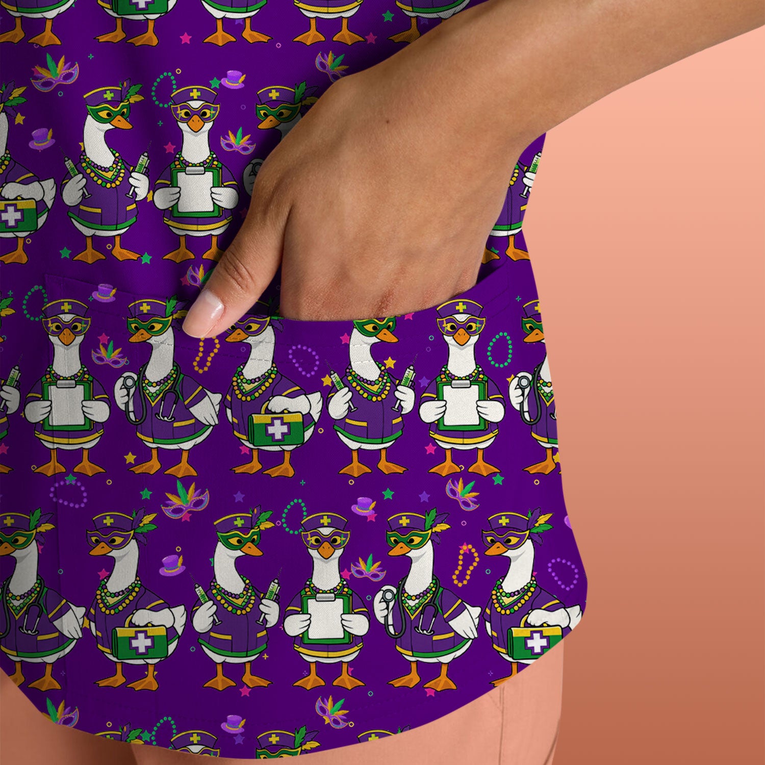 Mardi Gras Nurse Goose Scrub Top, Purple Carnival Parade Medical Pattern Nurse Shirt, Breathable Fabrics Nursing Uniform