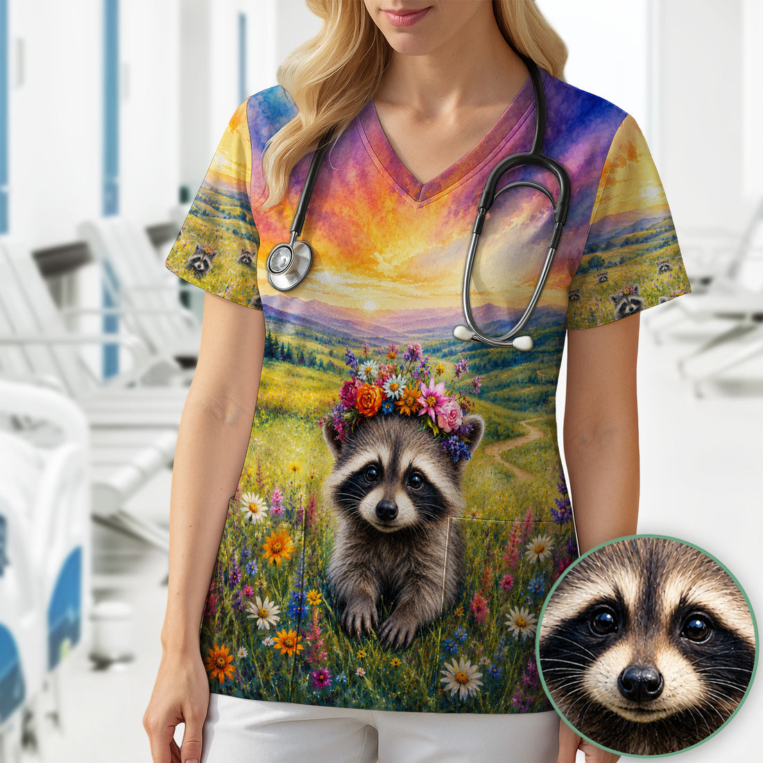Floral Raccoon Meadow Veterinary Nurse Pattern Scrub Top, Comfortable Scrubs for Nurses