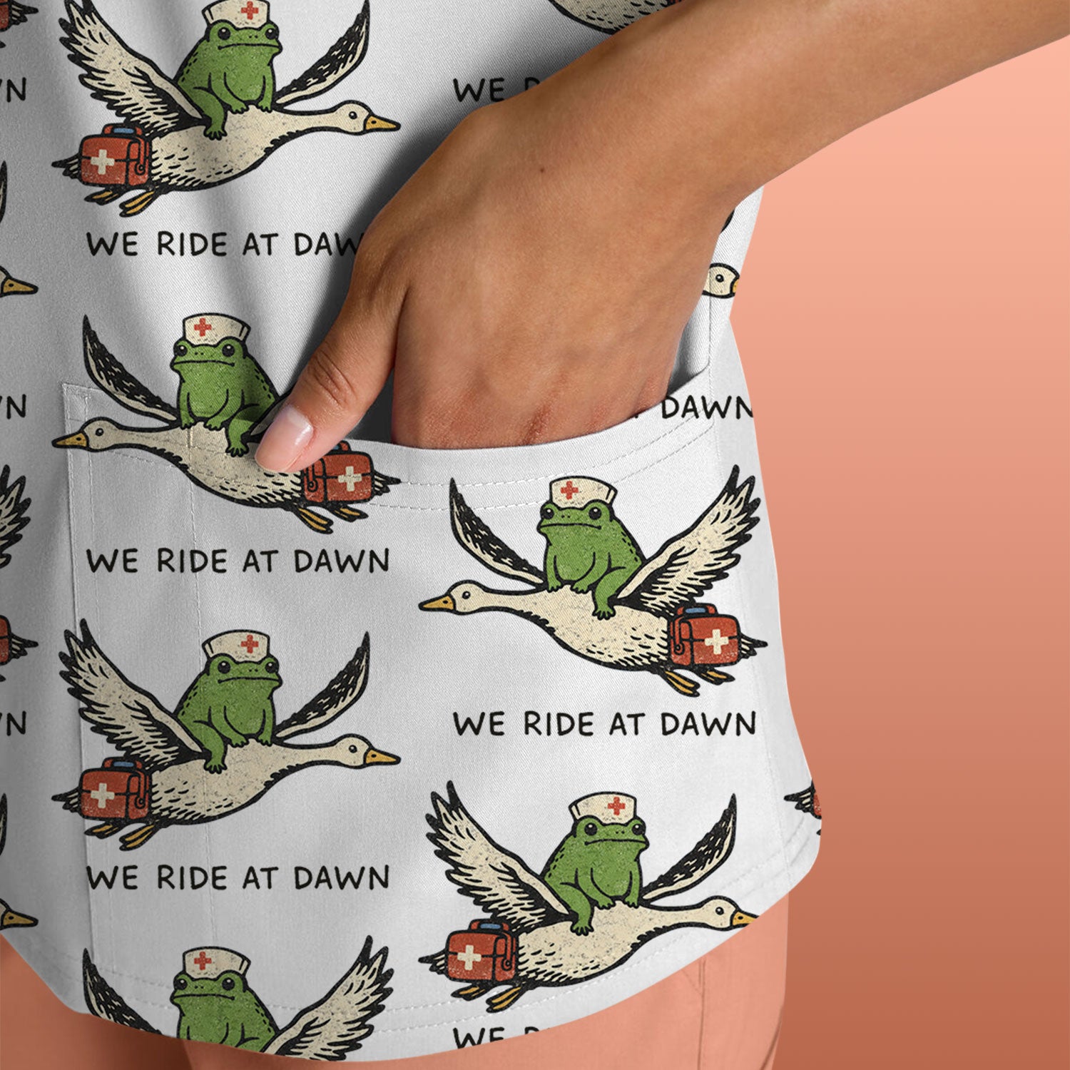 Funny Frog Riding Goose Nurse Pattern Scrub Top, Comfortable Scrubs for Nurses