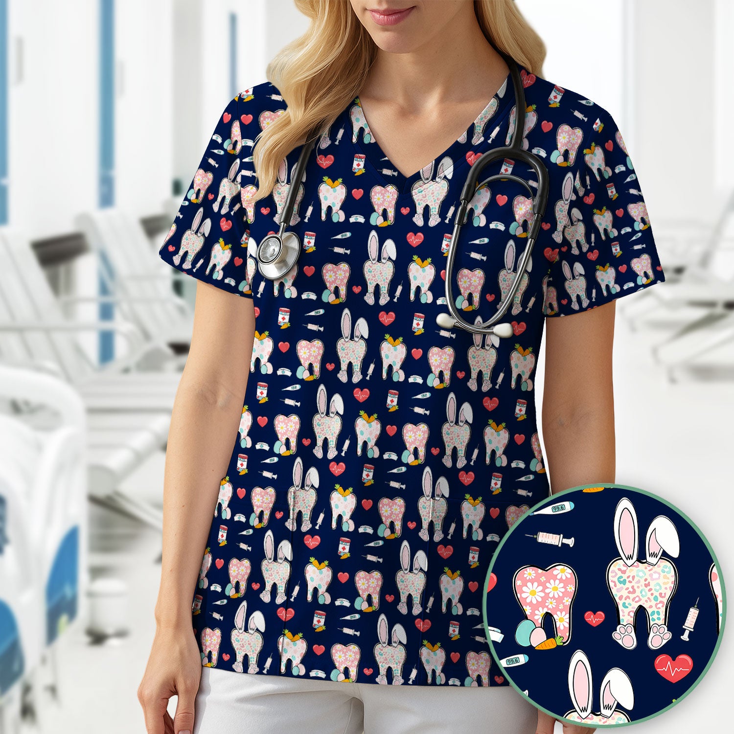 Playful Bunny Dentist Illustration Medical Scrub Top, Comfortable Scrubs for Nurses, Easter