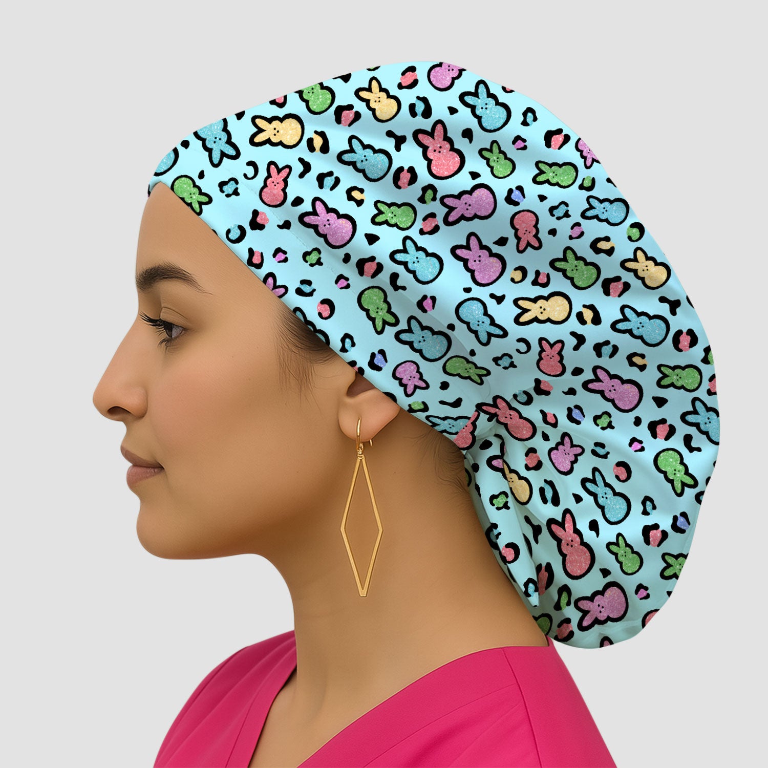 Cute Easter Bunny Pastel Pattern Print Cap, Bouffant Scrub Caps for Women