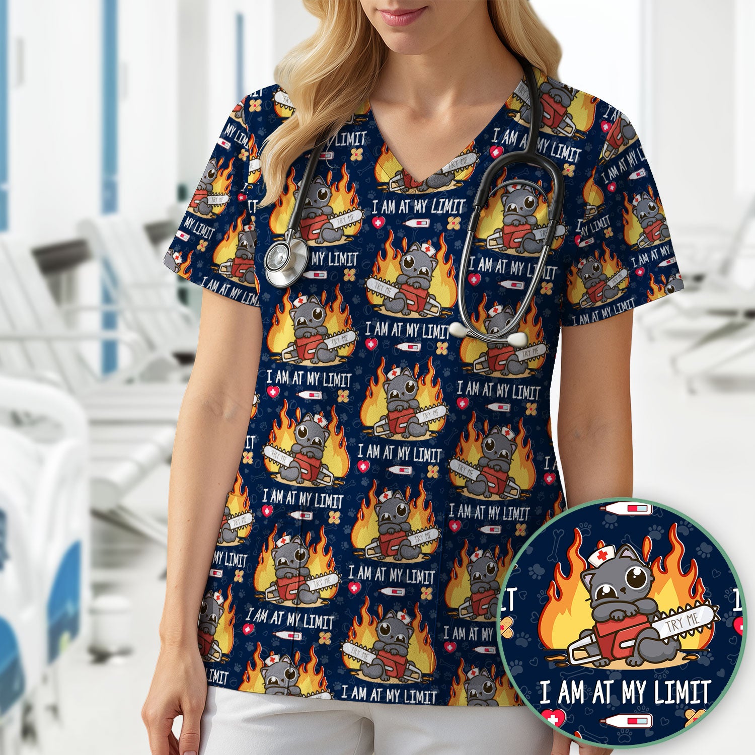 Funny Nurse Cat I Am At My Limit Scrub Top, Comfortable Scrubs for Nurses