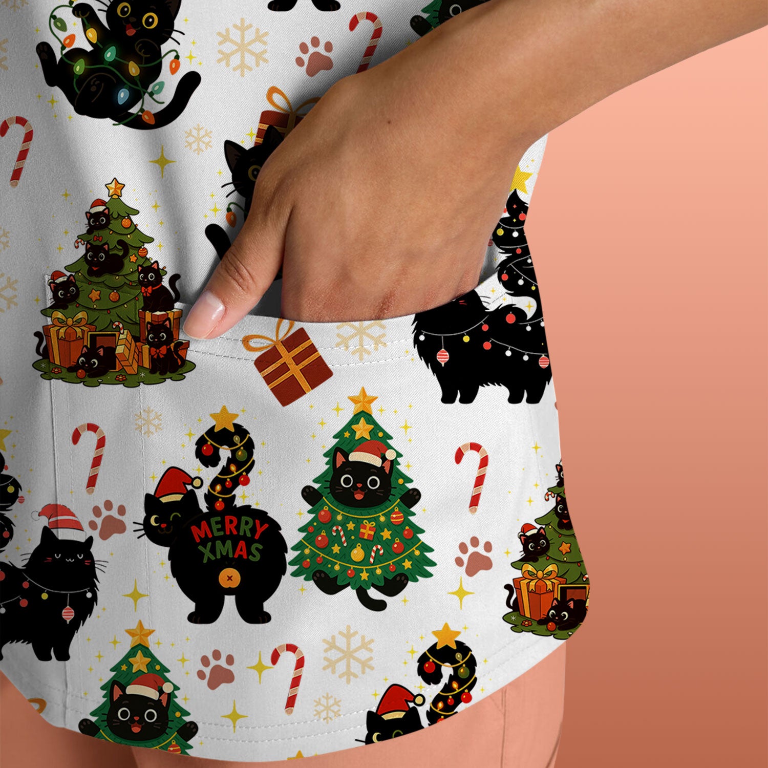 Funny Cat Print Nurse Scrub Top - Christmas Medical Shirt for Women & Men - Cute Holiday Gift Idea for RN CNA Doctor Scrubs