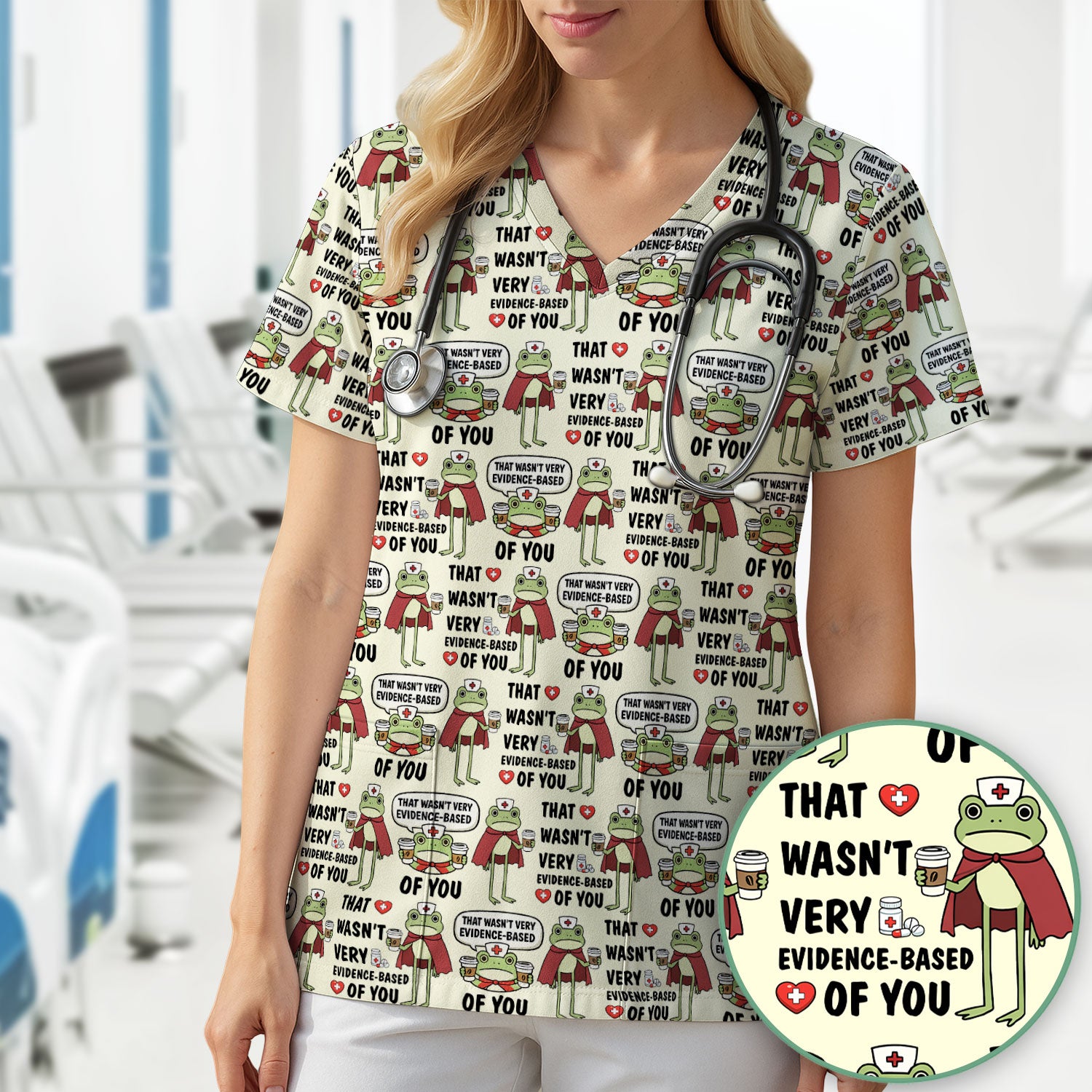 Funny Frog Nurse Quote Medical Pattern Scrub Top, Breathable Fabrics Nursing Uniform