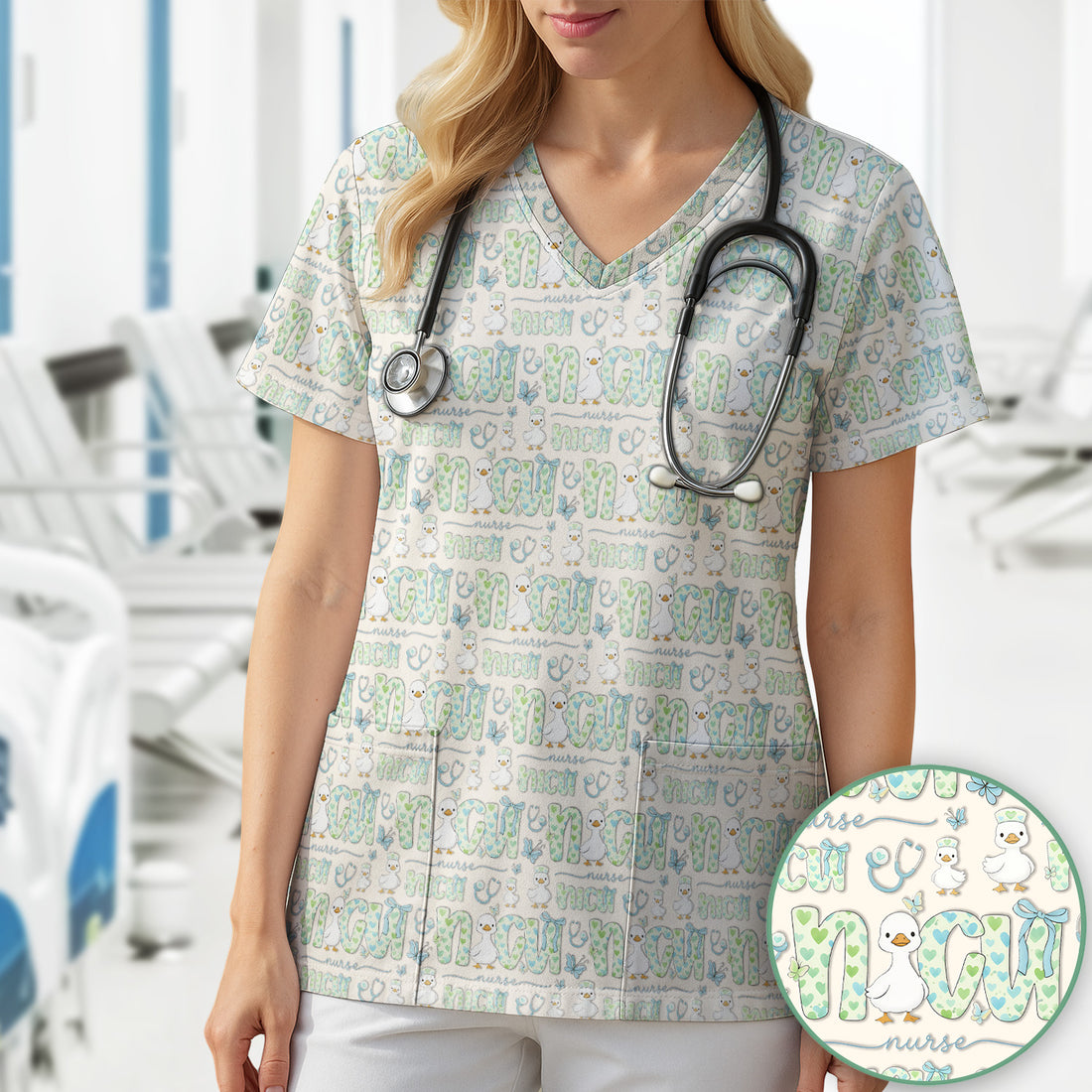 NICU Nurse Duck Pattern Scrub Top, Comfortable Scrubs for Nurses