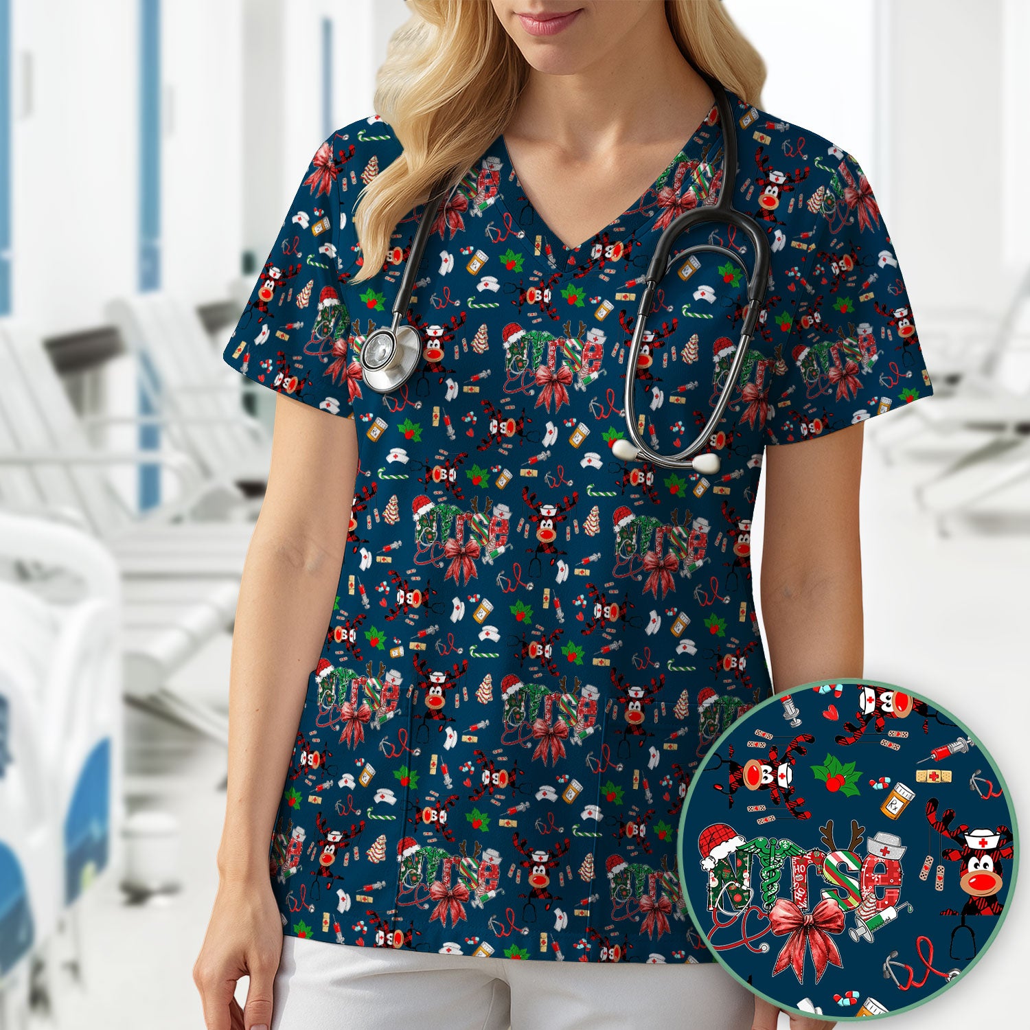 Whimsical Reindeer Christmas Scrub Top – Festive Holiday Reindeer Pattern – Cute Medical Uniform for Nurses, Vets and Healthcare Workers
